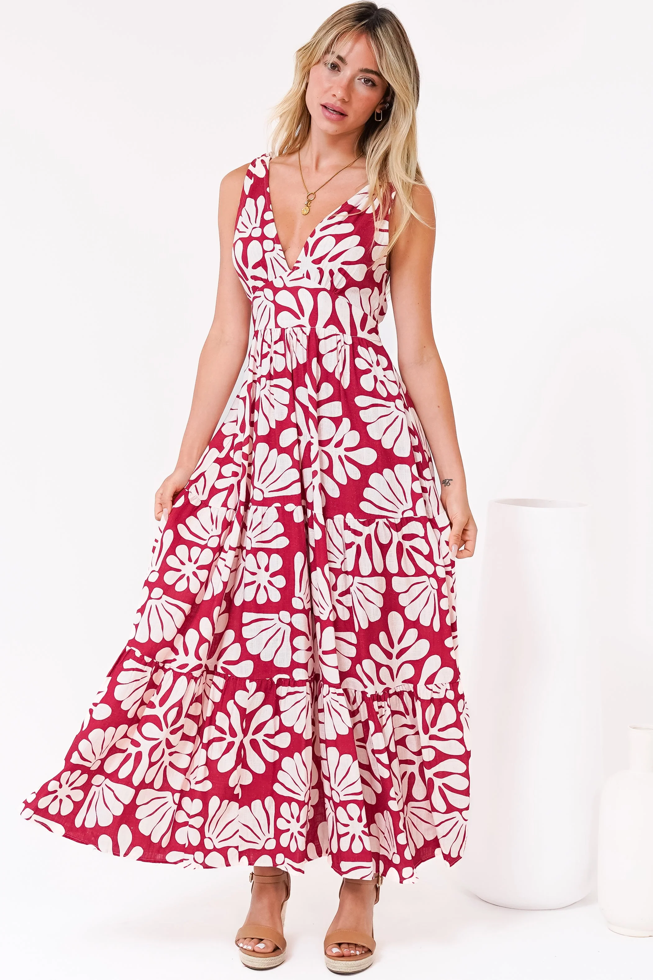 Maude Maxi Dress - Deep V-Neck Ties on Shoulders Tiered Dress in Lunie Print Red - Image 2
