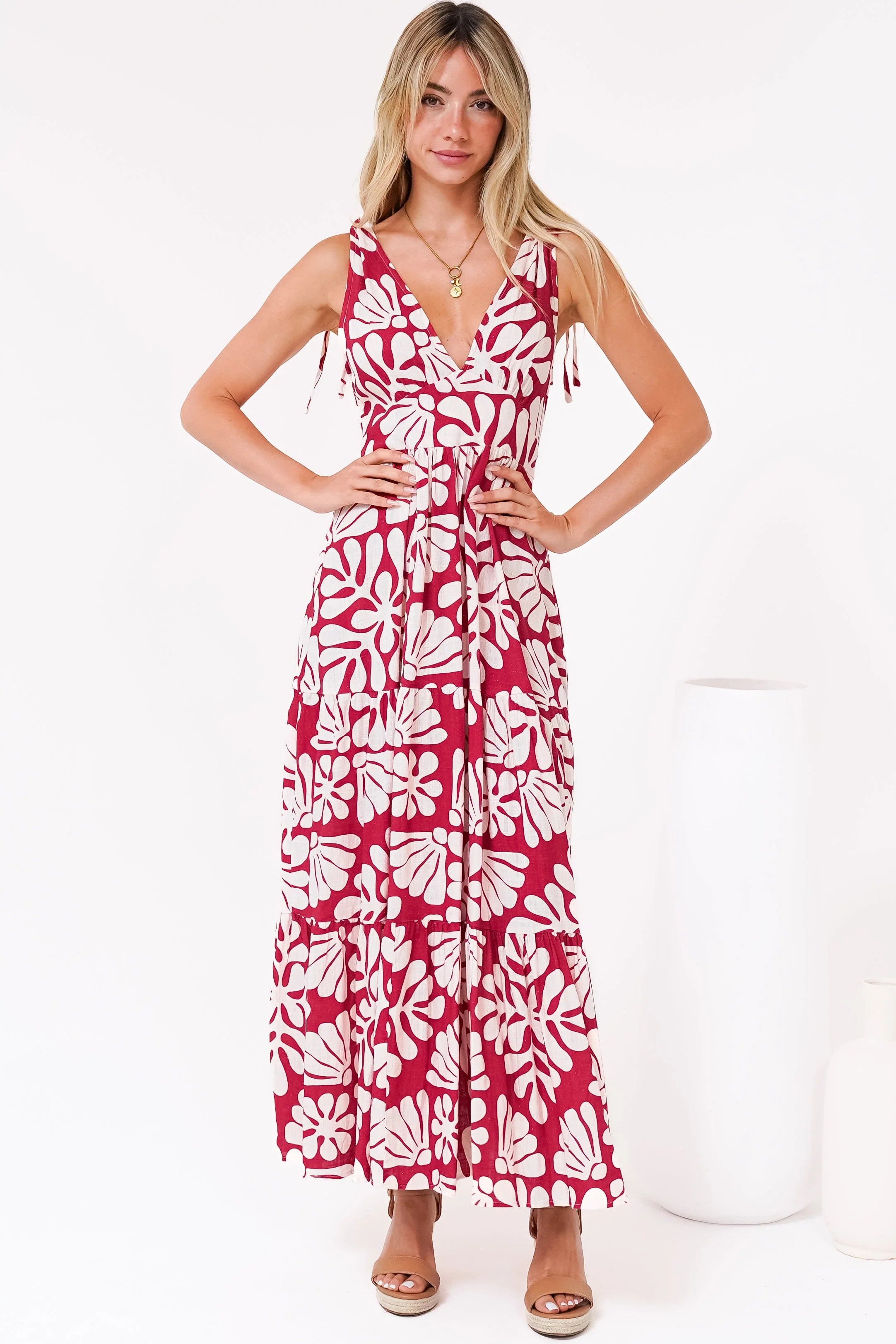 Maude Maxi Dress - Deep V-Neck Ties on Shoulders Tiered Dress in Lunie Print Red - Image 3