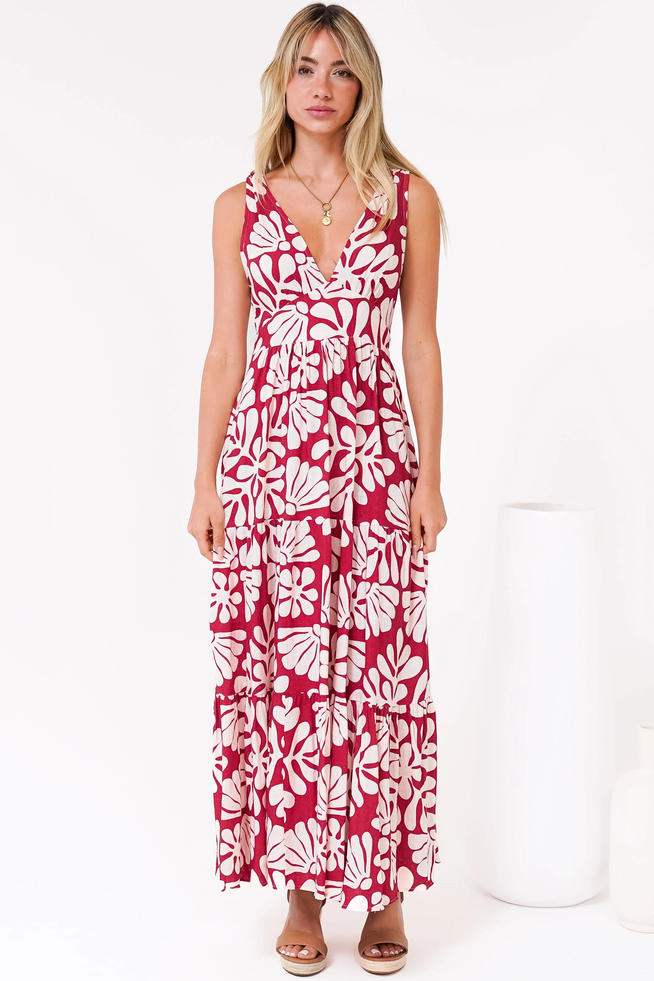 Maude Maxi Dress - Deep V-Neck Ties on Shoulders Tiered Dress in Lunie Print Red - Image 4