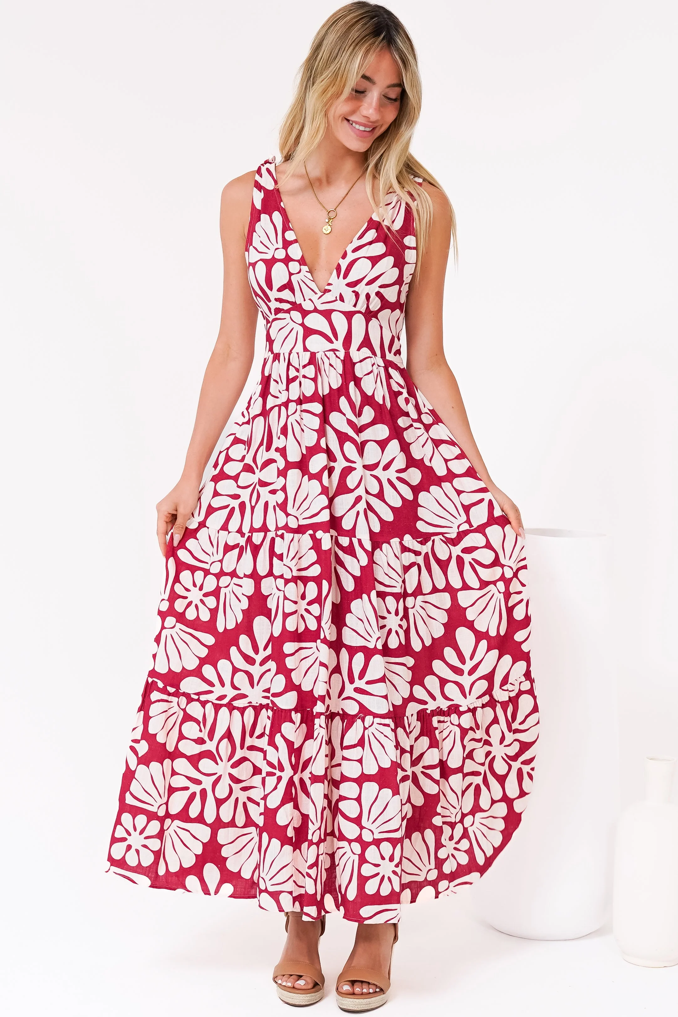 Maude Maxi Dress - Deep V-Neck Ties on Shoulders Tiered Dress in Lunie Print Red - Image 5
