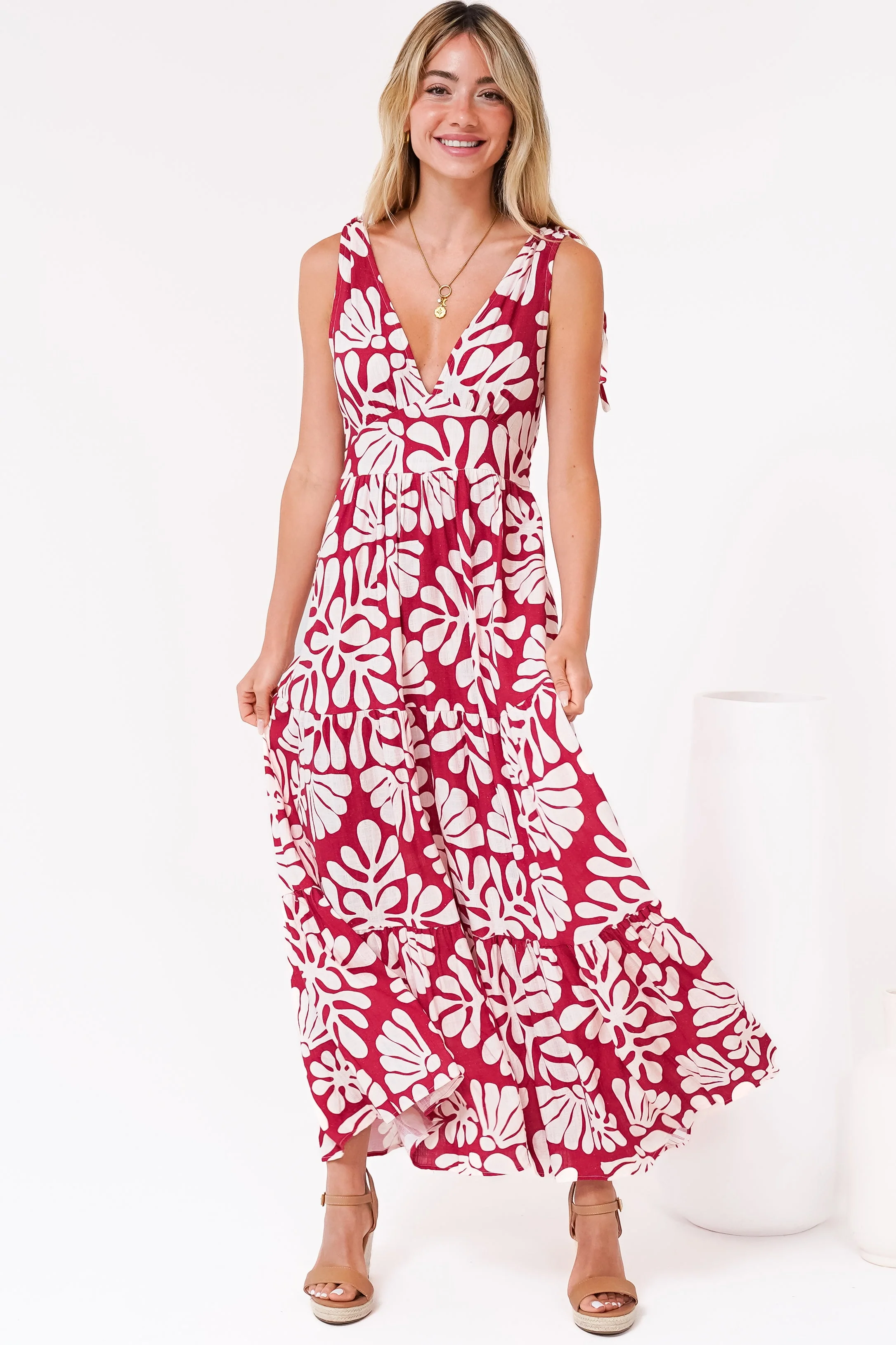 Maude Maxi Dress - Deep V-Neck Ties on Shoulders Tiered Dress in Lunie Print Red - Image 6