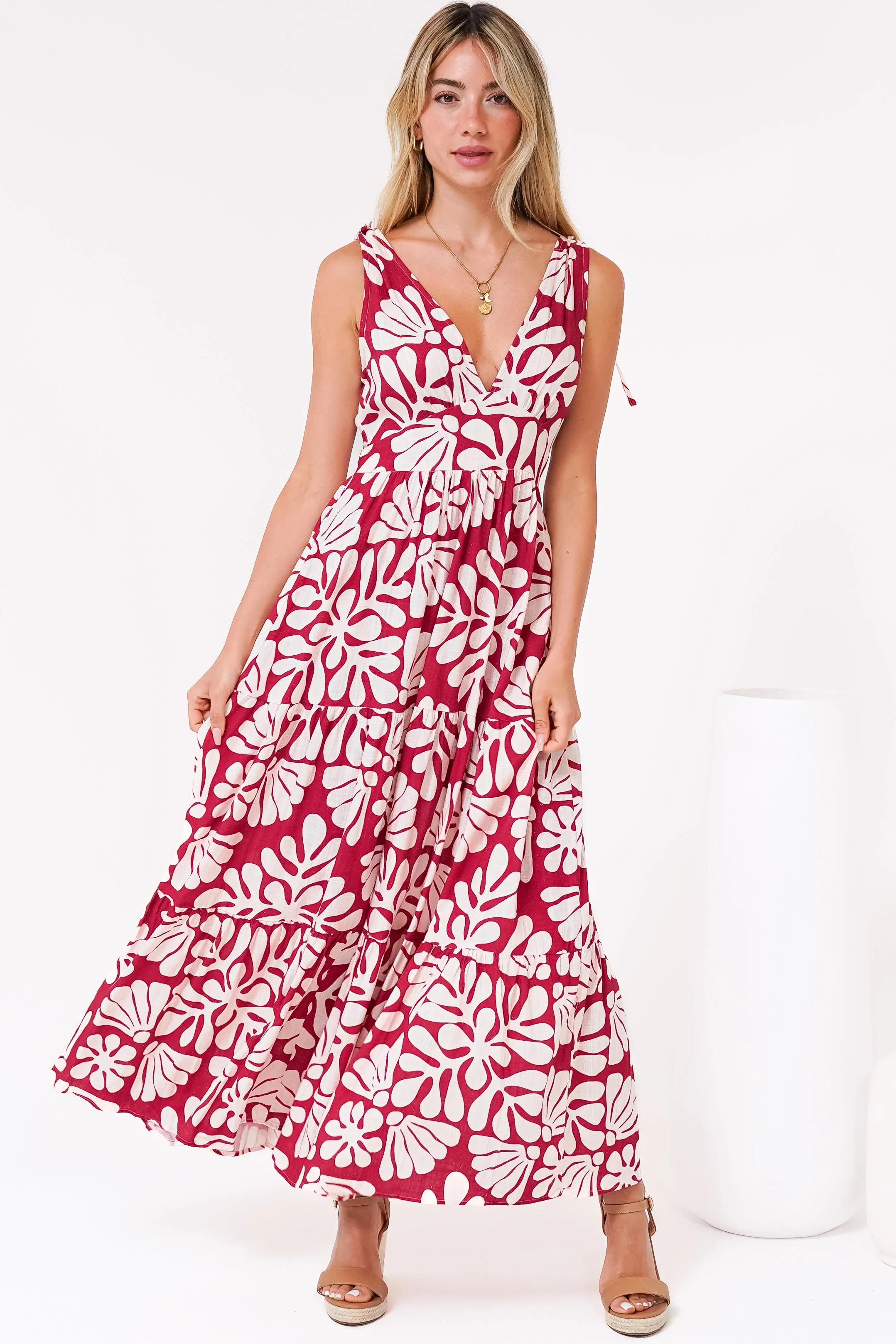 Maude Maxi Dress - Deep V-Neck Ties on Shoulders Tiered Dress in Lunie Print Red - Image 7