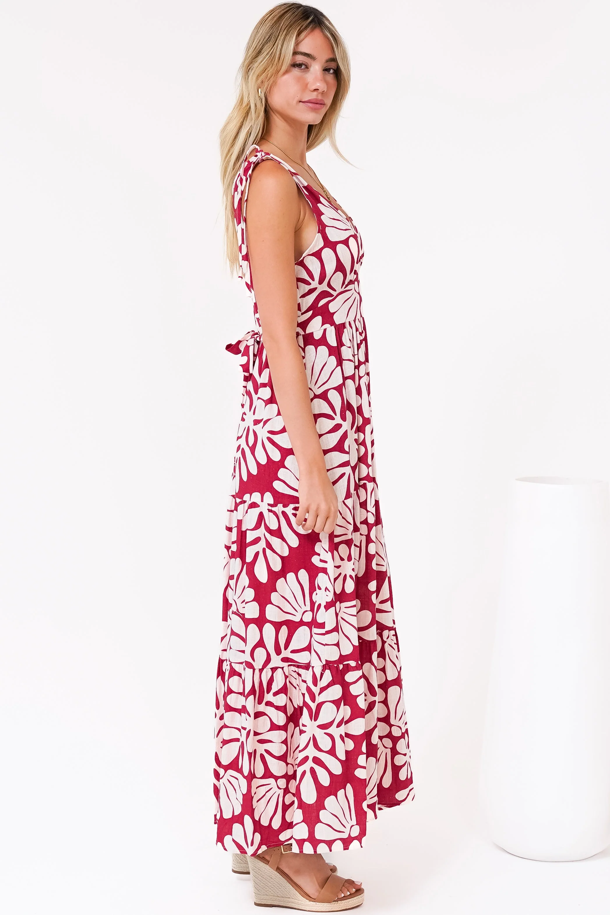 Maude Maxi Dress - Deep V-Neck Ties on Shoulders Tiered Dress in Lunie Print Red - Image 8