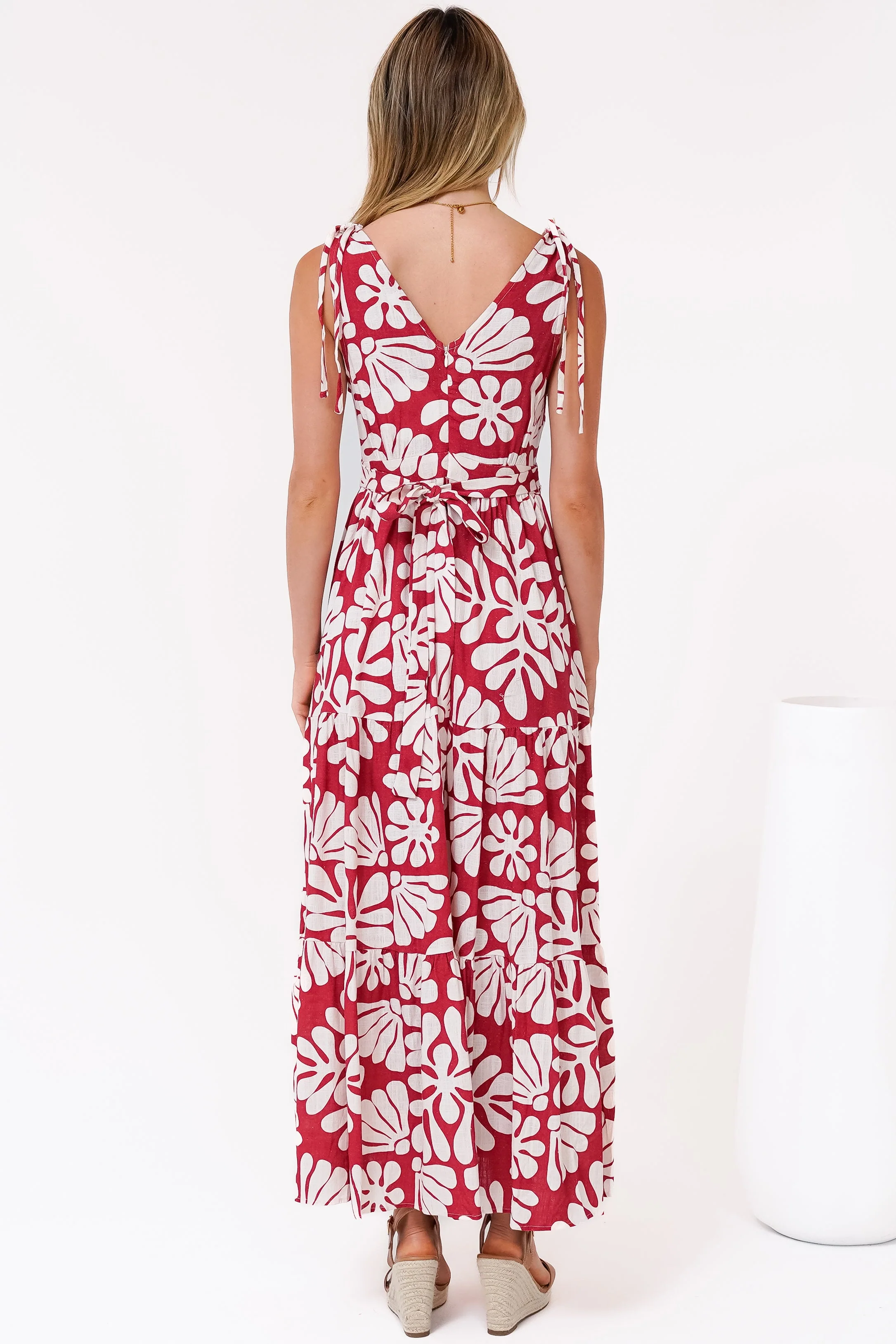 Maude Maxi Dress - Deep V-Neck Ties on Shoulders Tiered Dress in Lunie Print Red - Image 9