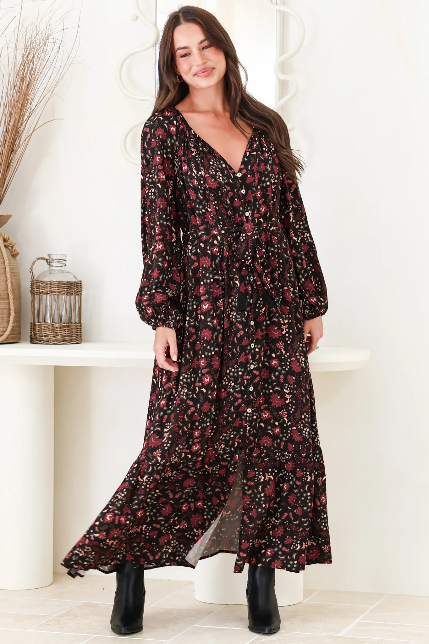 Maury Maxi Dress - V Neck Button Down Dress with Waist Tie in Nanushka Print