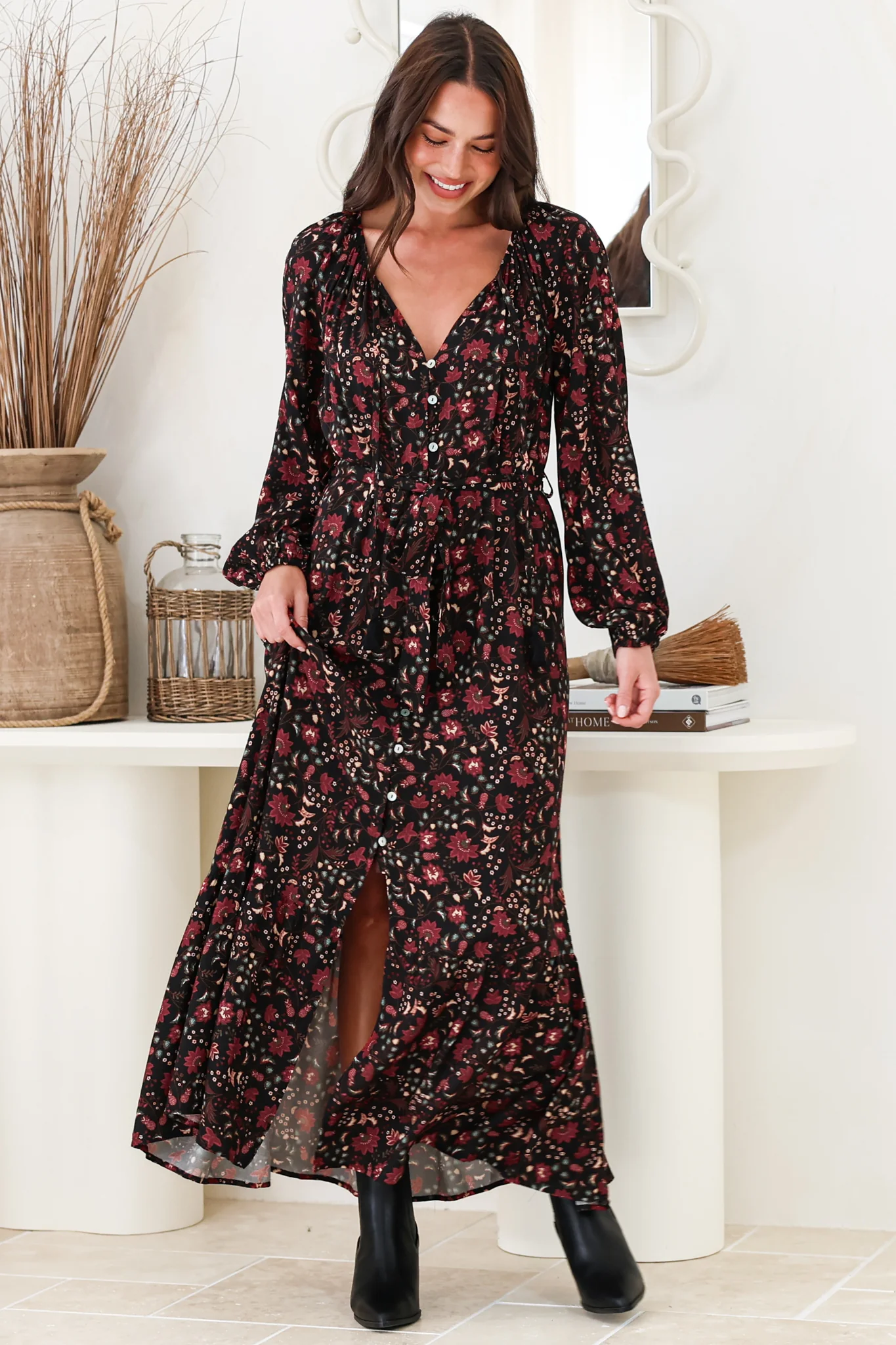 Maury Maxi Dress - V Neck Button Down Dress with Waist Tie in Nanushka Print - Image 2