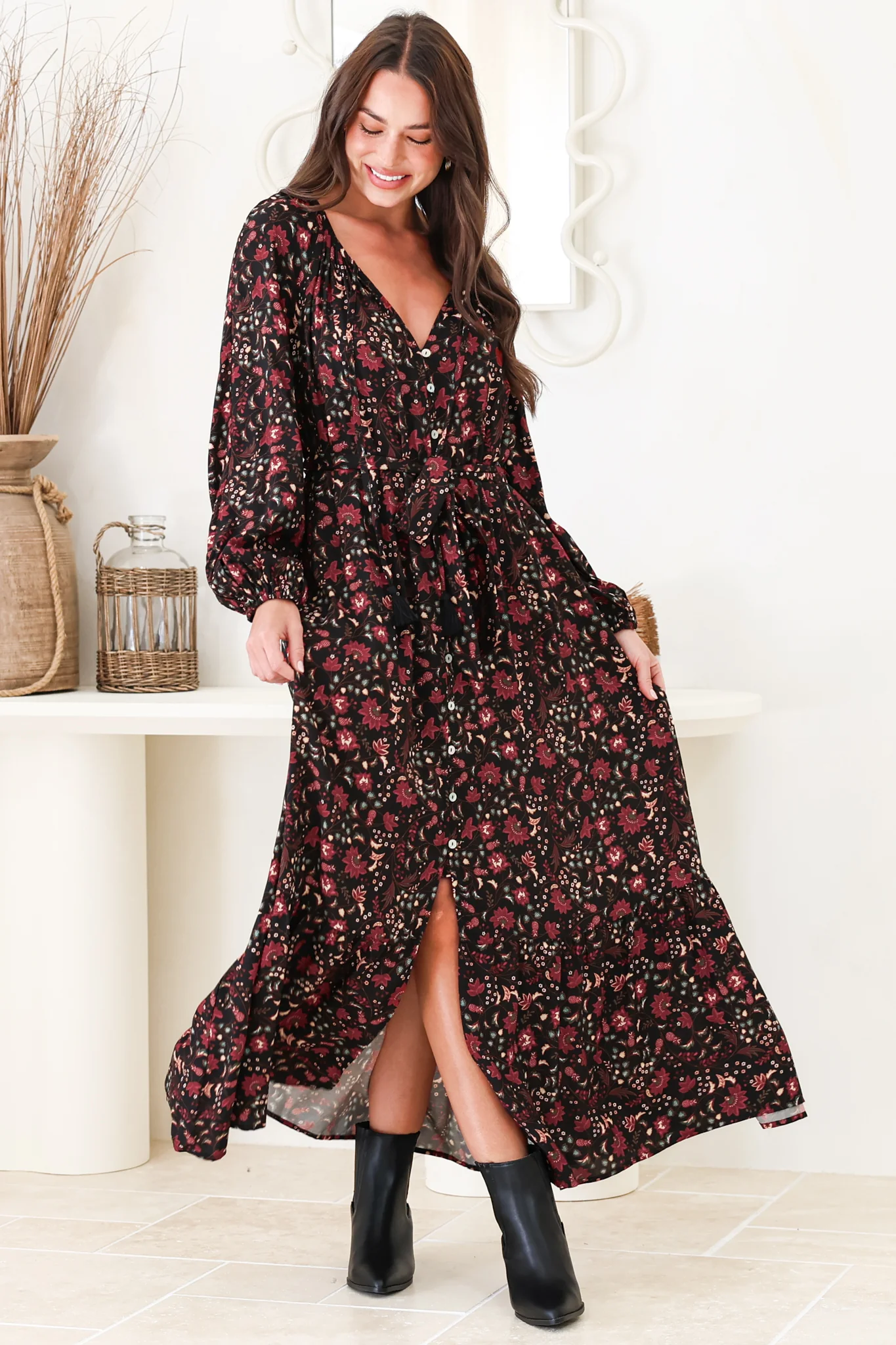 Maury Maxi Dress - V Neck Button Down Dress with Waist Tie in Nanushka Print - Image 4