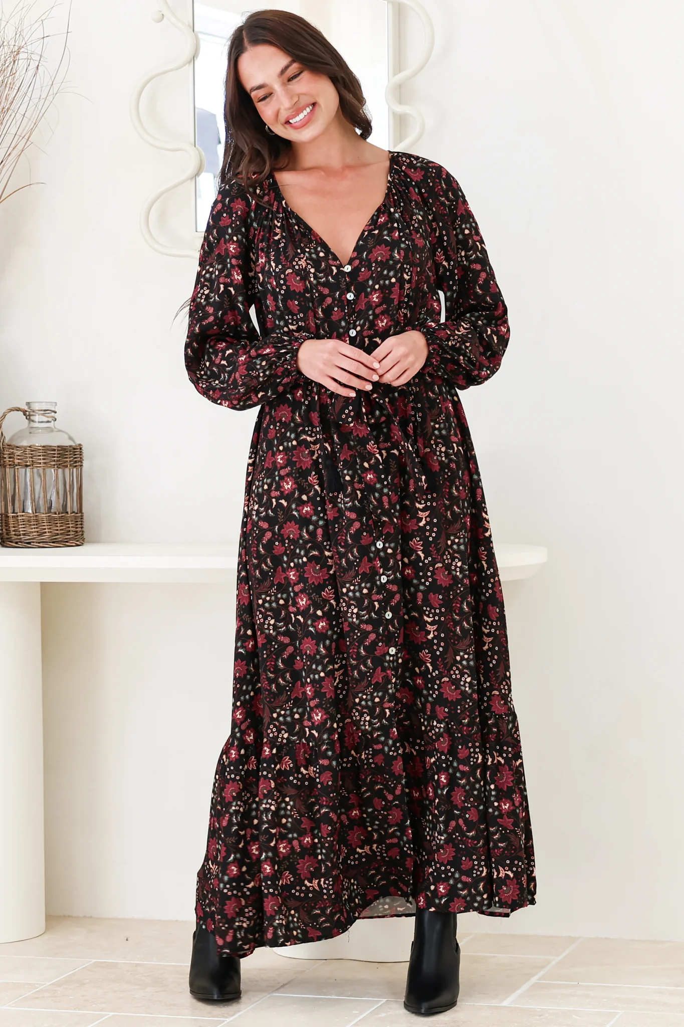 Maury Maxi Dress - V Neck Button Down Dress with Waist Tie in Nanushka Print - Image 5