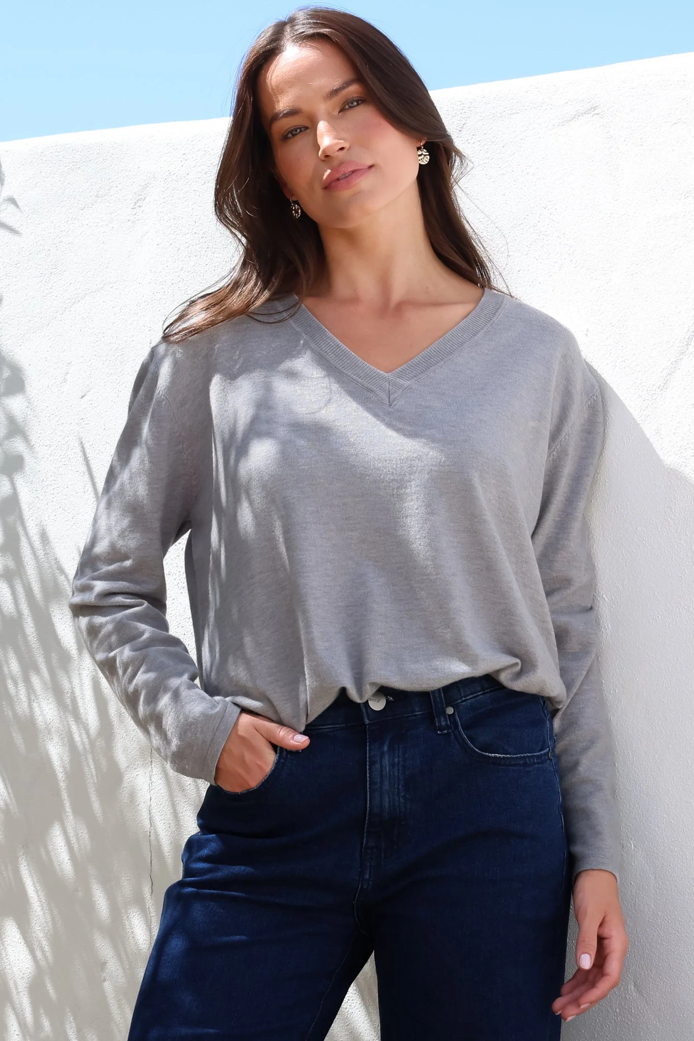 Mayanna Jumper - Light Weight V Neck Knit with Side Splits in Grey - Image 4