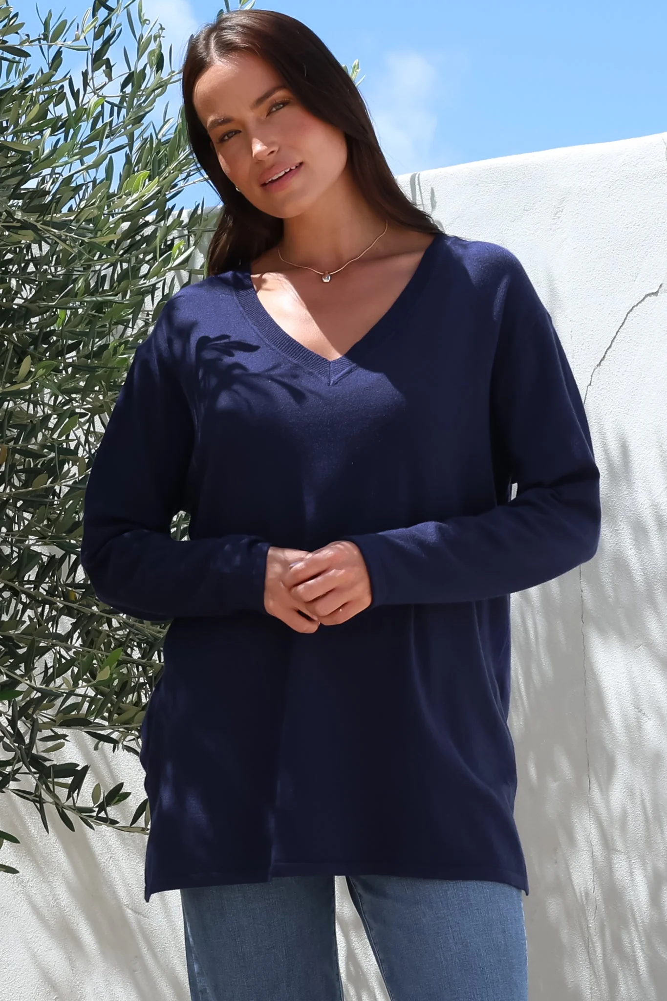 Mayanna Jumper - Light Weight V Neck Knit Jumper with Side Splits in Navy - Image 6