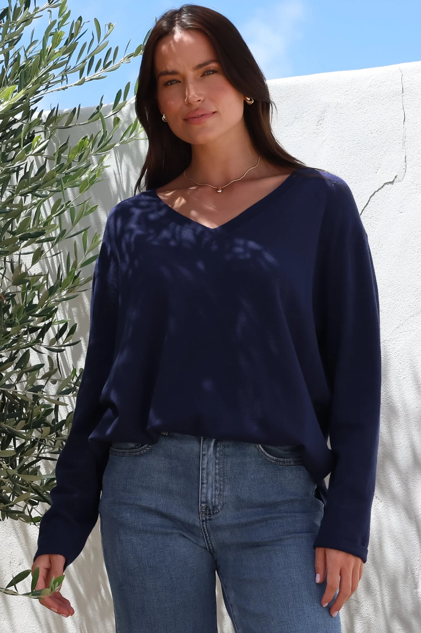 Mayanna Jumper - Light Weight V Neck Knit Jumper with Side Splits in Navy - Image 7