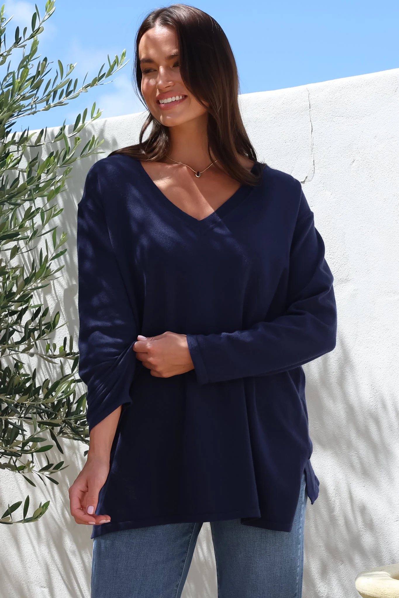 Mayanna Jumper - Light Weight V Neck Knit Jumper with Side Splits in Navy - Image 8