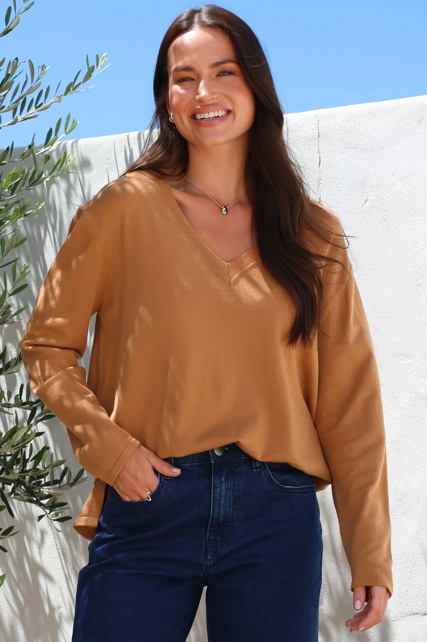 Mayanna Jumper - Light Weight V Neck Knit Jumper with Side Splits in Rust - Image 2