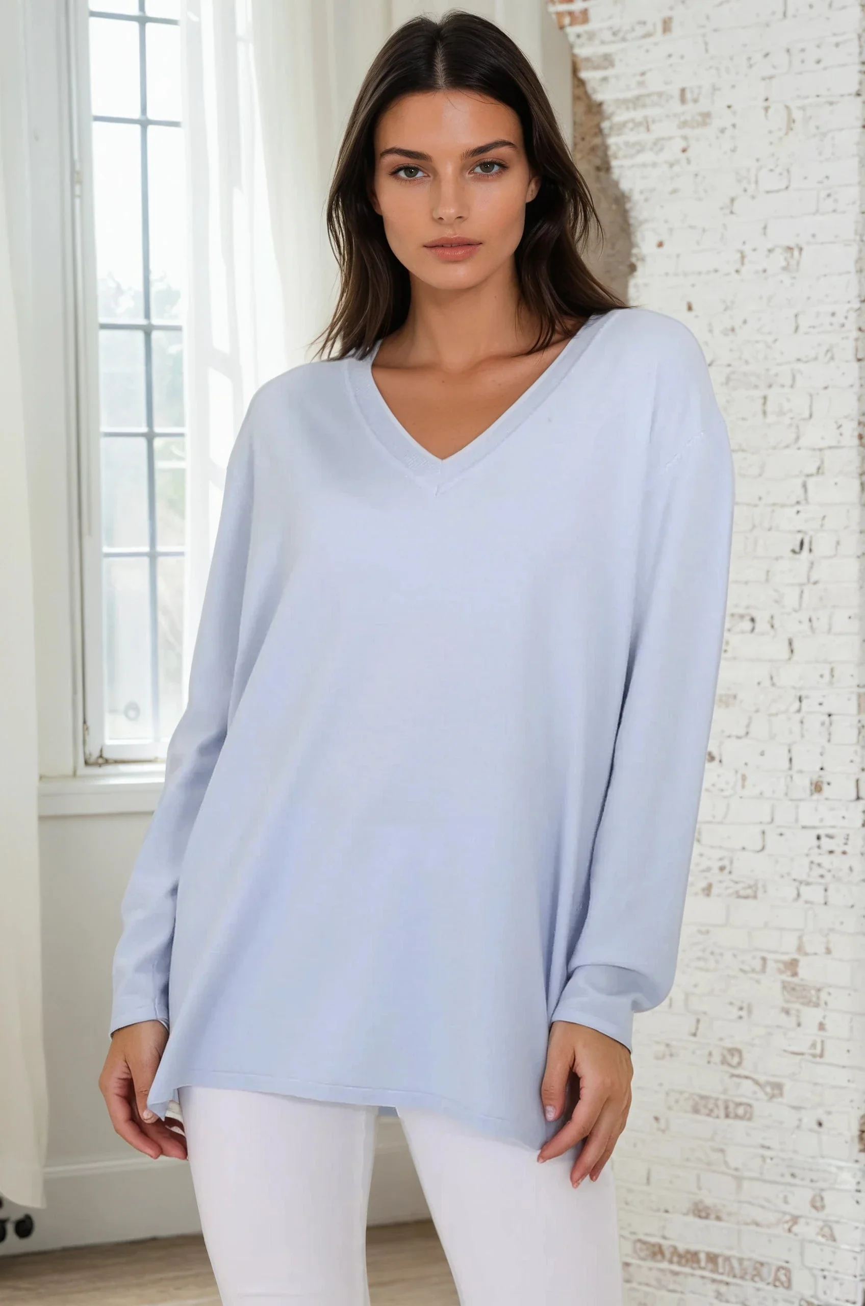 Mayanna Jumper - Light Weight V Neck Knit Jumper with Side Splits in Sky Blue - Image 2