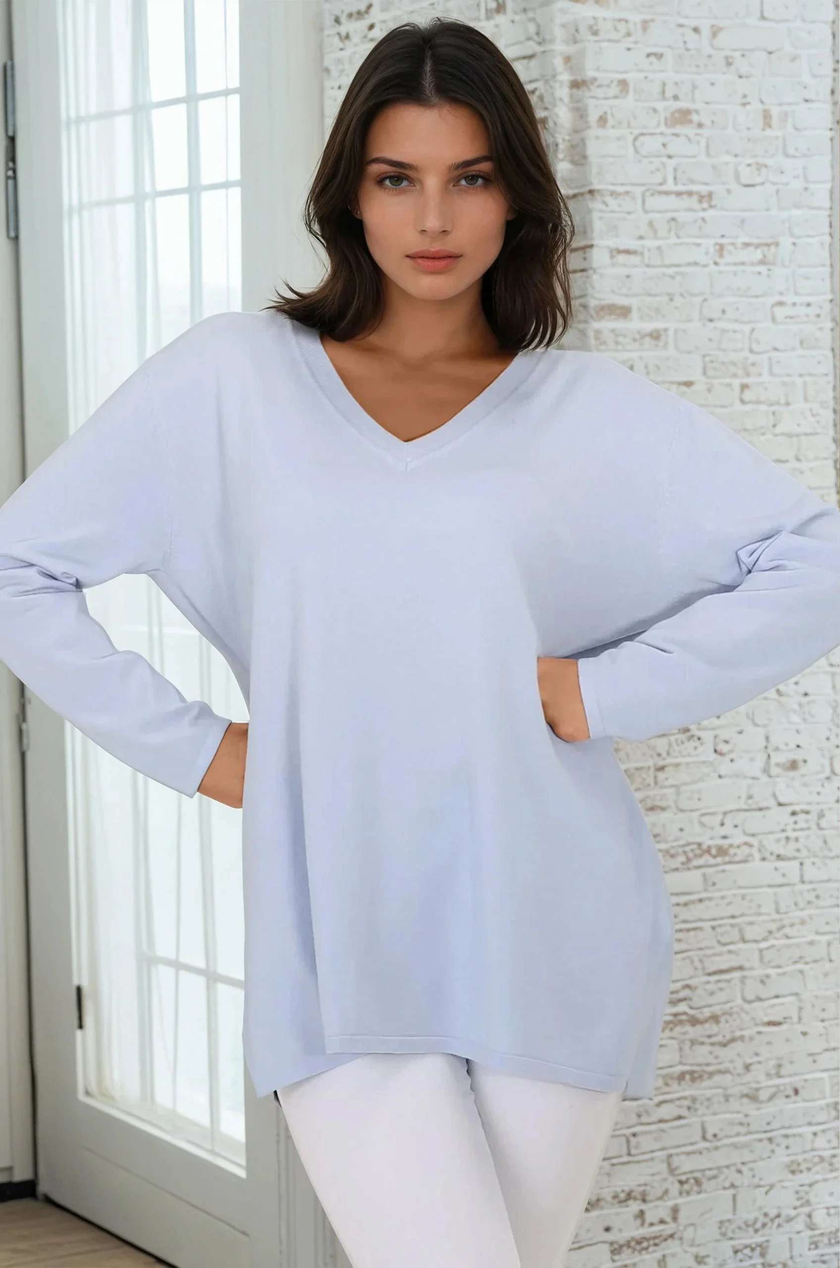 Mayanna Jumper - Light Weight V Neck Knit Jumper with Side Splits in Sky Blue - Image 4