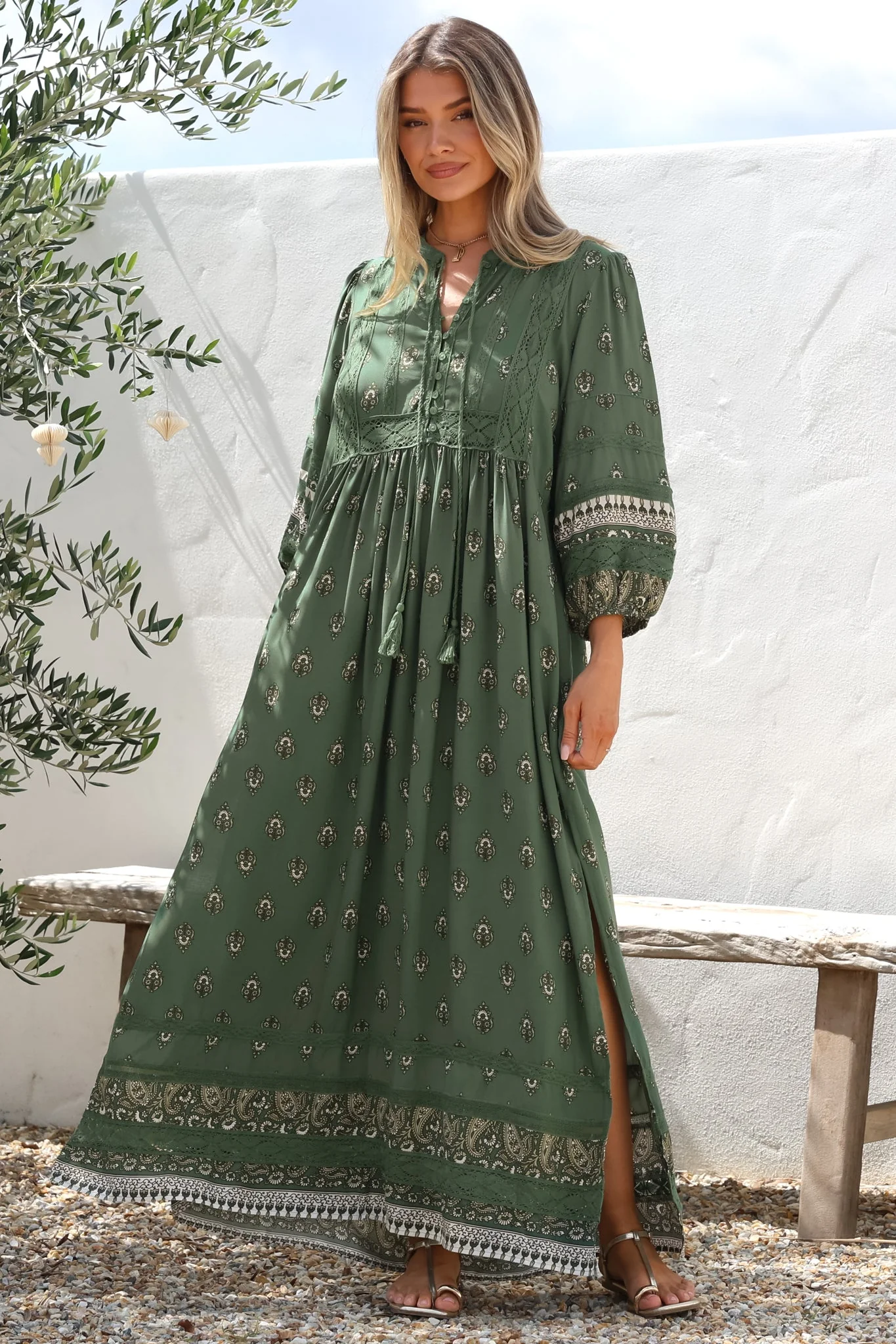 JAASE - Meadow Maxi Dress: Lace Insert Detailed Dress with Side Splits in Viridian Print