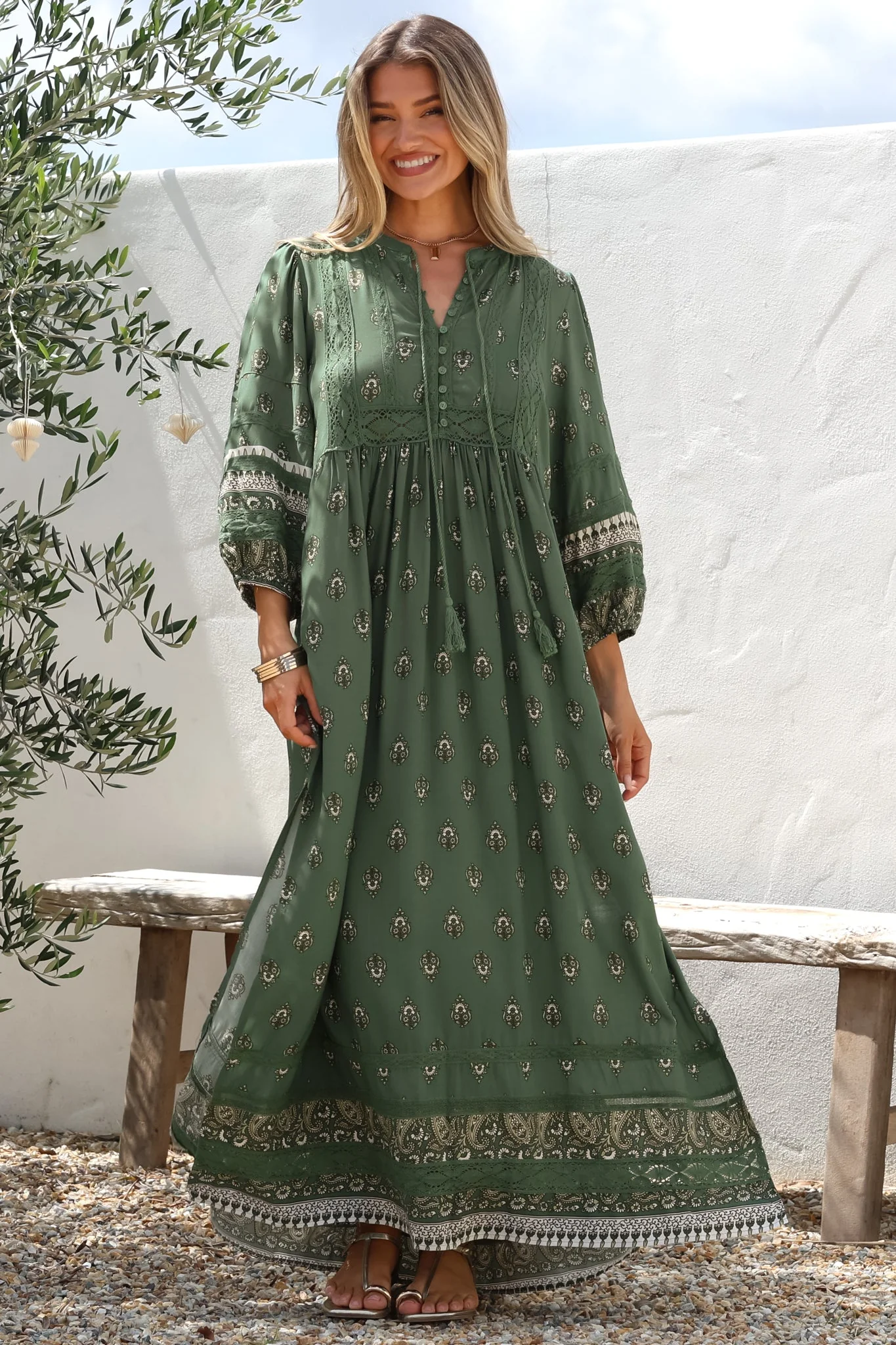 JAASE - Meadow Maxi Dress: Lace Insert Detailed Dress with Side Splits in Viridian Print - Image 4