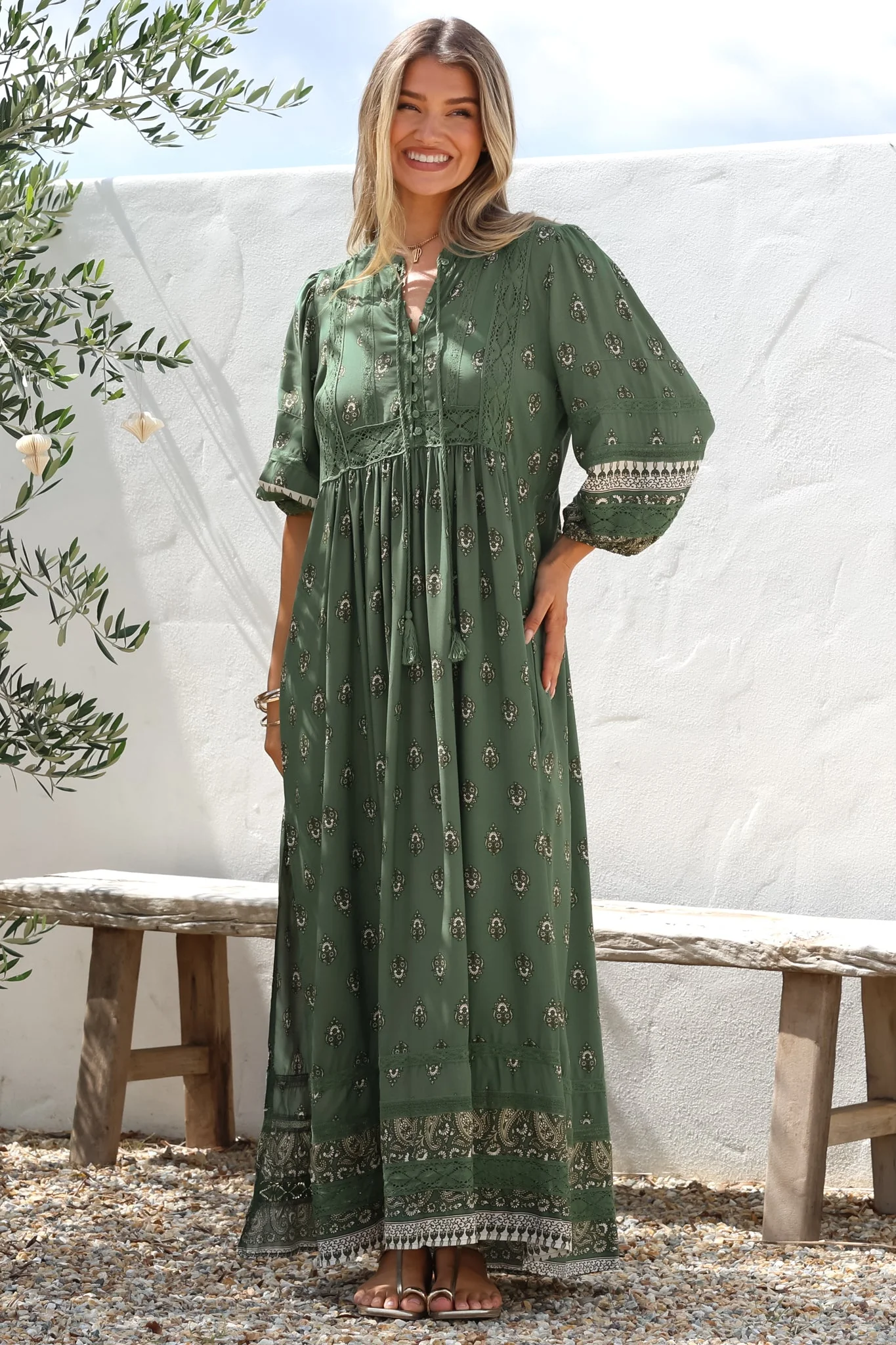 JAASE - Meadow Maxi Dress: Lace Insert Detailed Dress with Side Splits in Viridian Print - Image 6