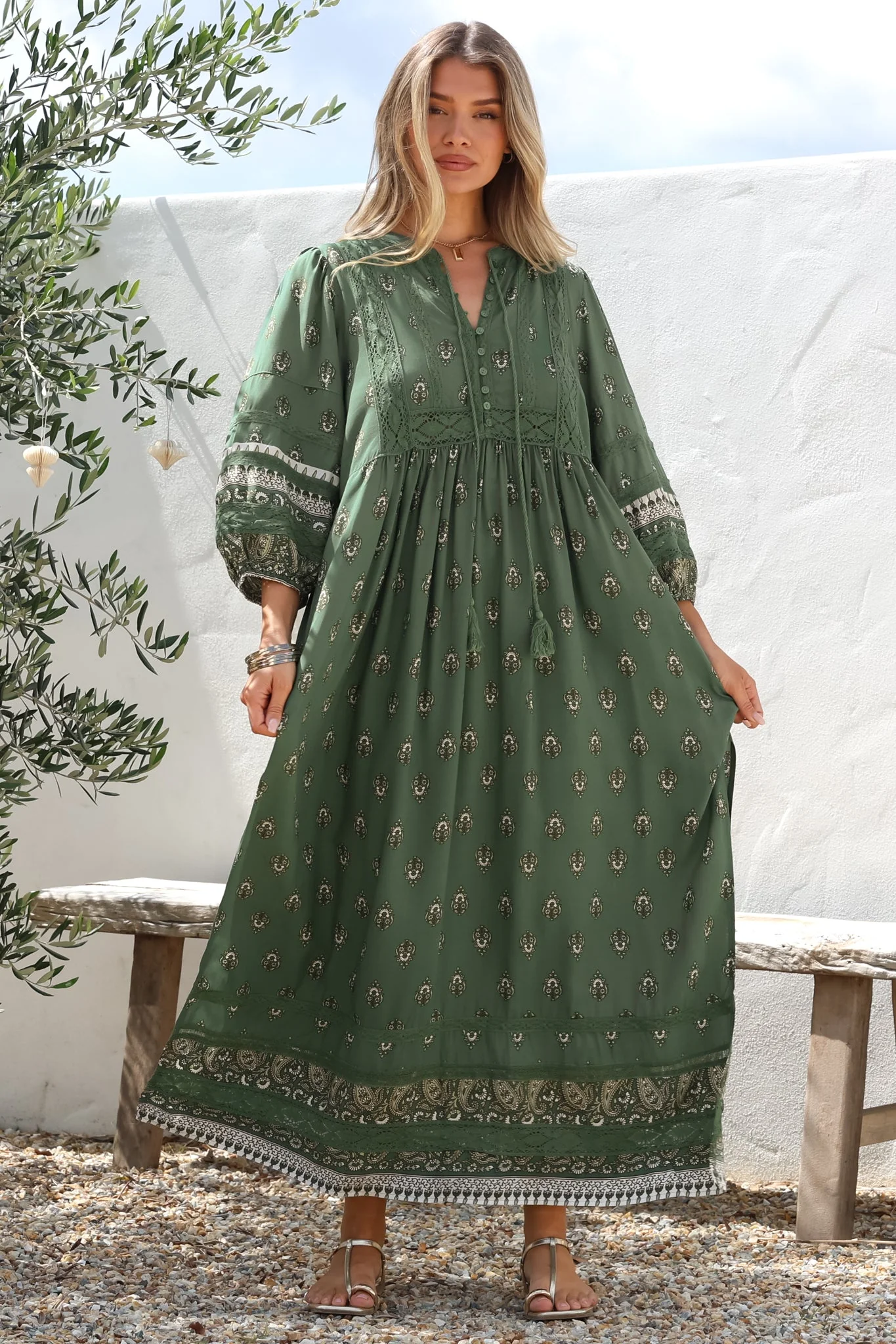 JAASE - Meadow Maxi Dress: Lace Insert Detailed Dress with Side Splits in Viridian Print - Image 7