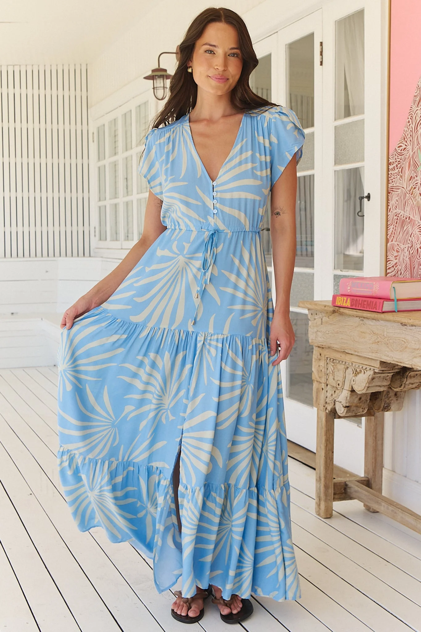 JAASE - Melissa Maxi Dress: Pull Tie Waist Dress with Split in Floating Palms Print - Image 4