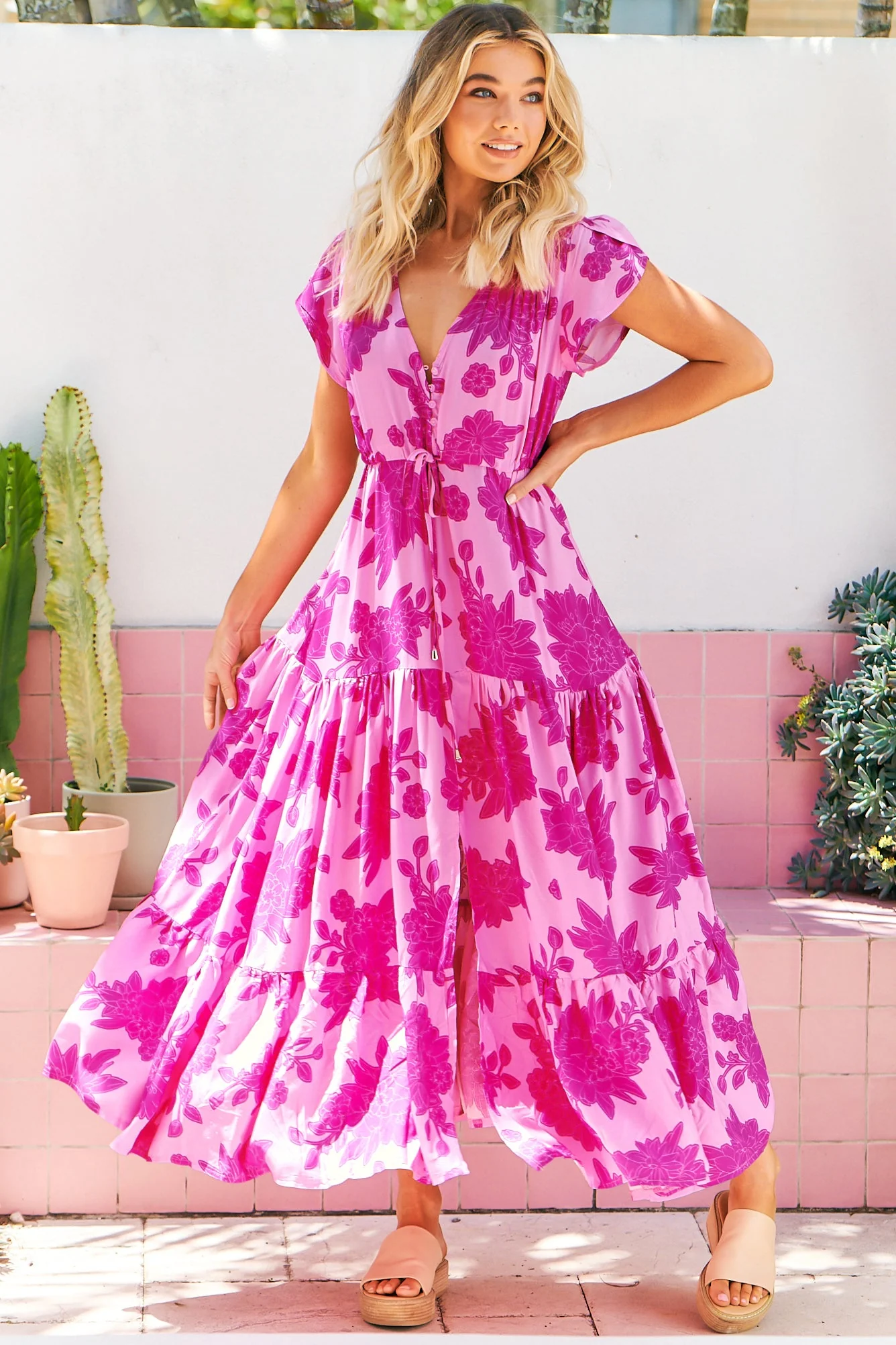 JAASE - Melissa Maxi Dress: Pull Tie Waist Dress with Split in Valentine Print - Image 2