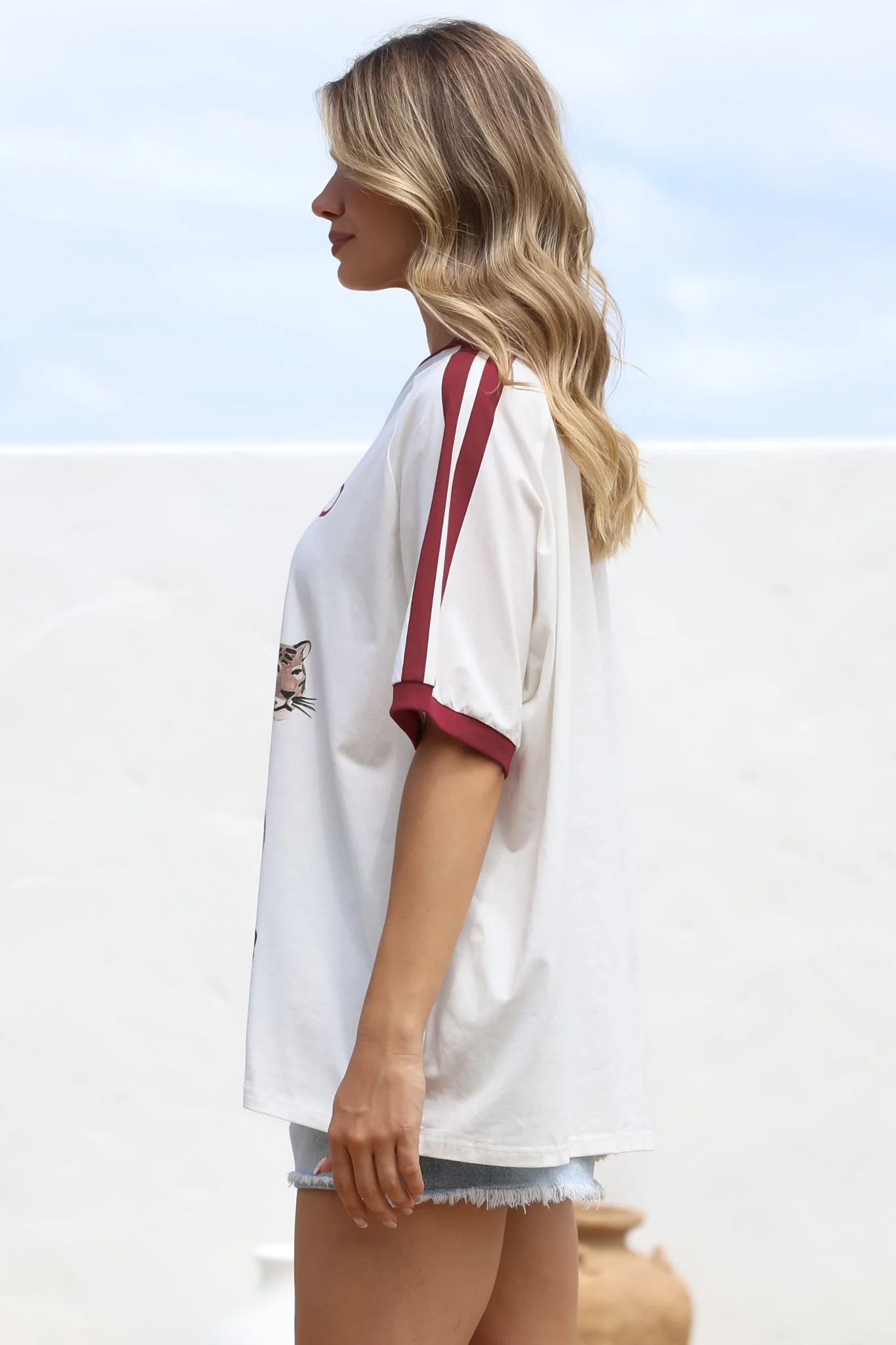 Mermaid Vino Club Tee - Graphic Print Short Sleeve T-Shirt with Racer Stripe Sleeves in White - Image 8
