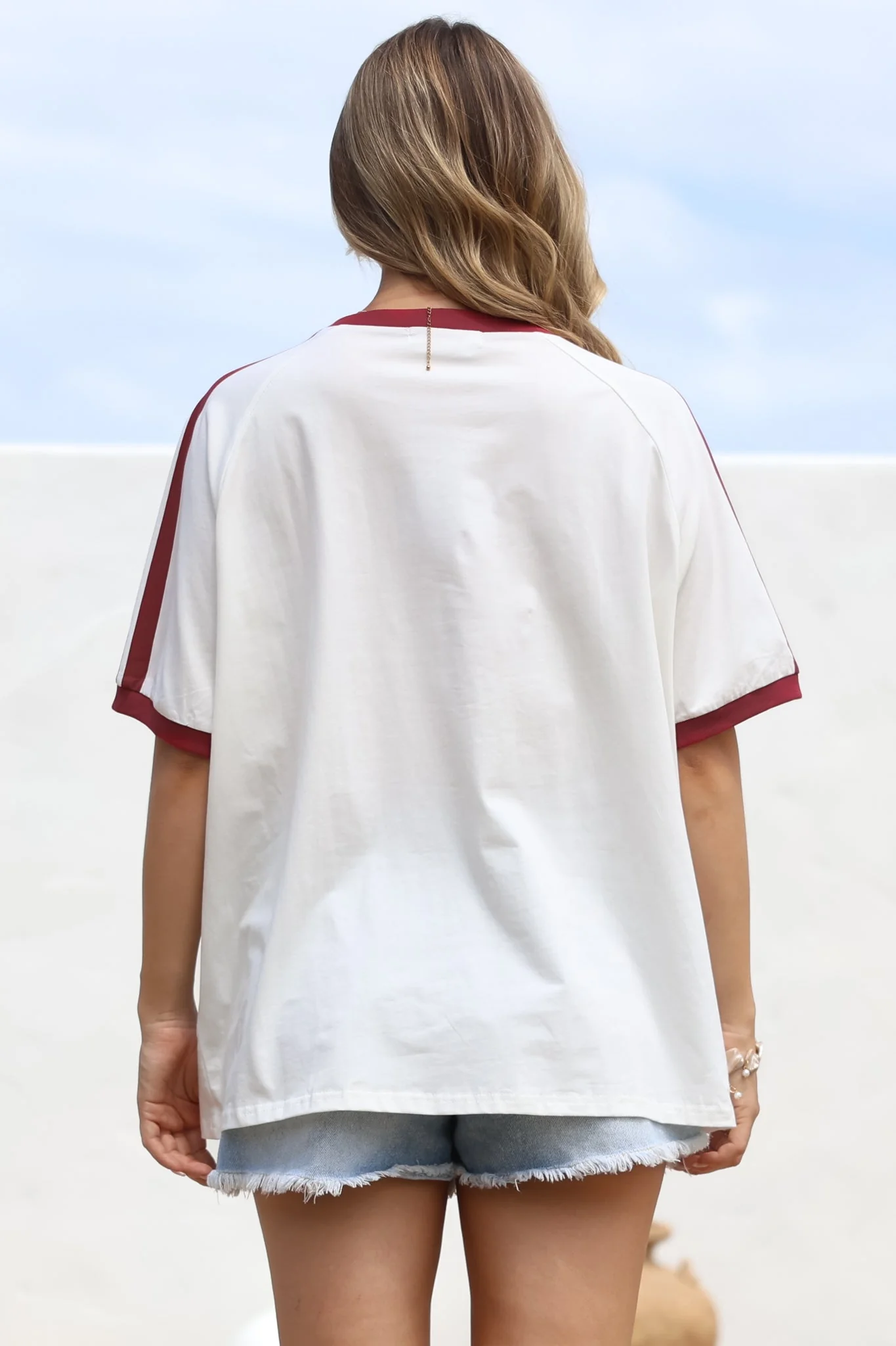 Mermaid Vino Club Tee - Graphic Print Short Sleeve T-Shirt with Racer Stripe Sleeves in White - Image 9