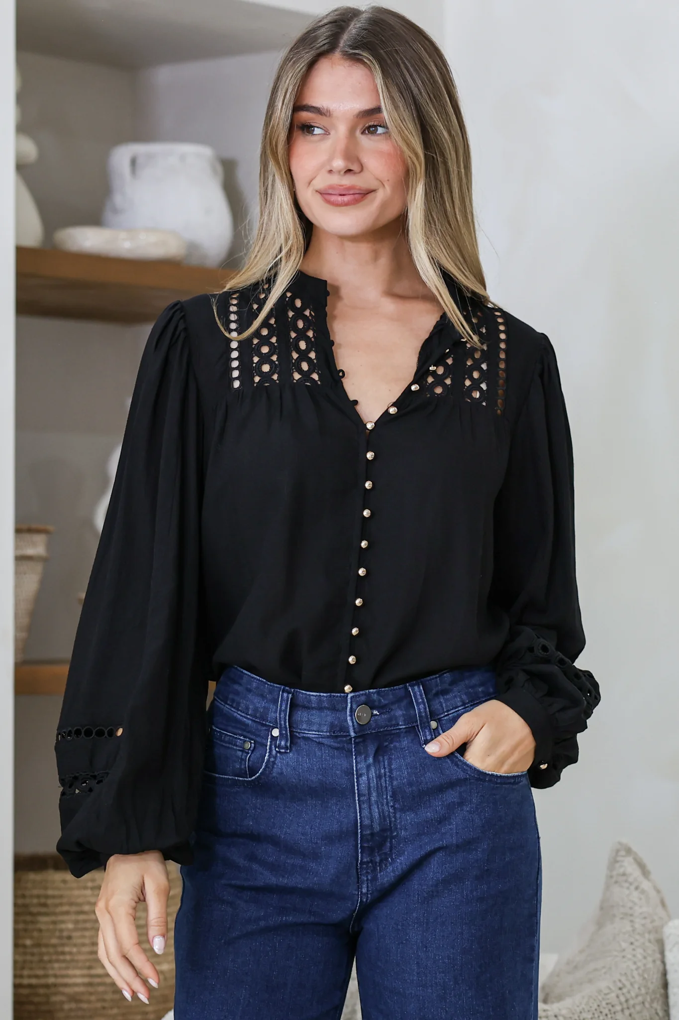 Milano Blouse - Mandarin Collar Button Down with Delicate Lace Cut-Out Detailing in Black - Image 3