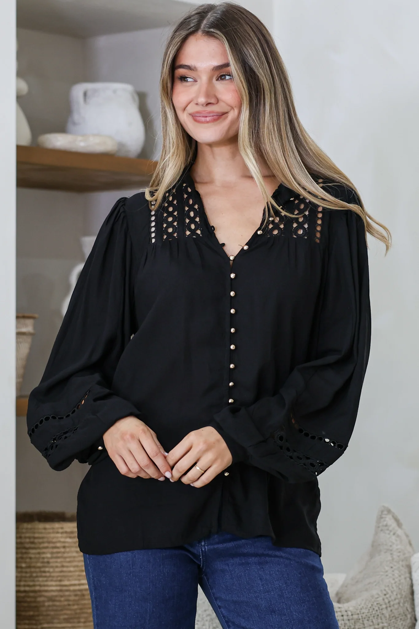 Milano Blouse - Mandarin Collar Button Down with Delicate Lace Cut-Out Detailing in Black - Image 5