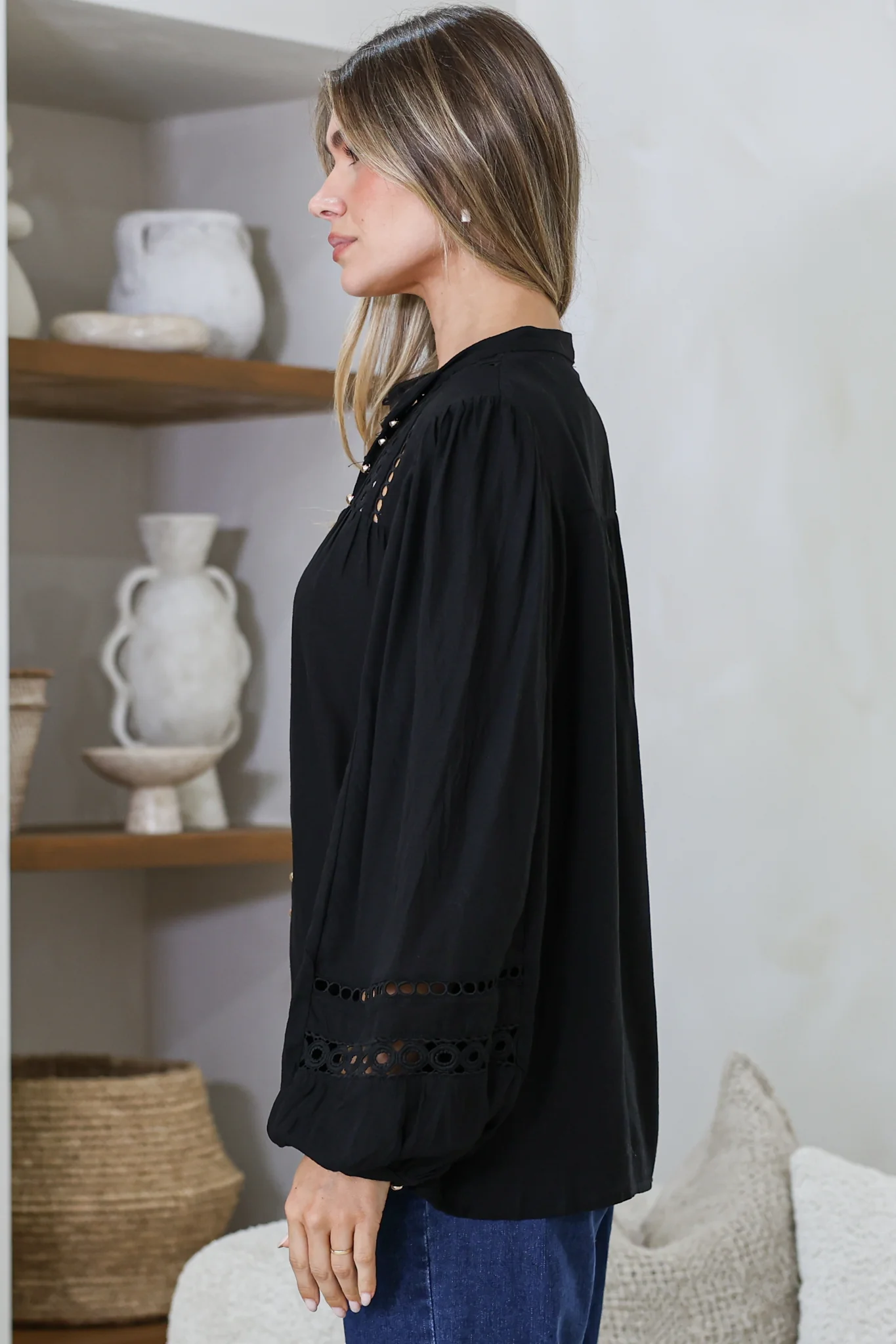 Milano Blouse - Mandarin Collar Button Down with Delicate Lace Cut-Out Detailing in Black - Image 6