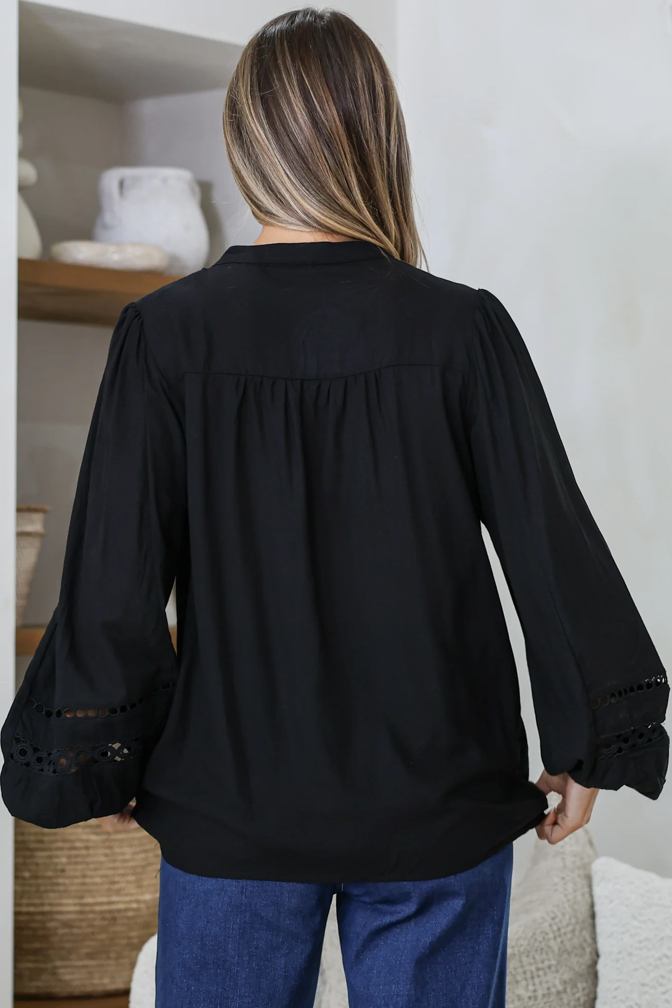 Milano Blouse - Mandarin Collar Button Down with Delicate Lace Cut-Out Detailing in Black - Image 7