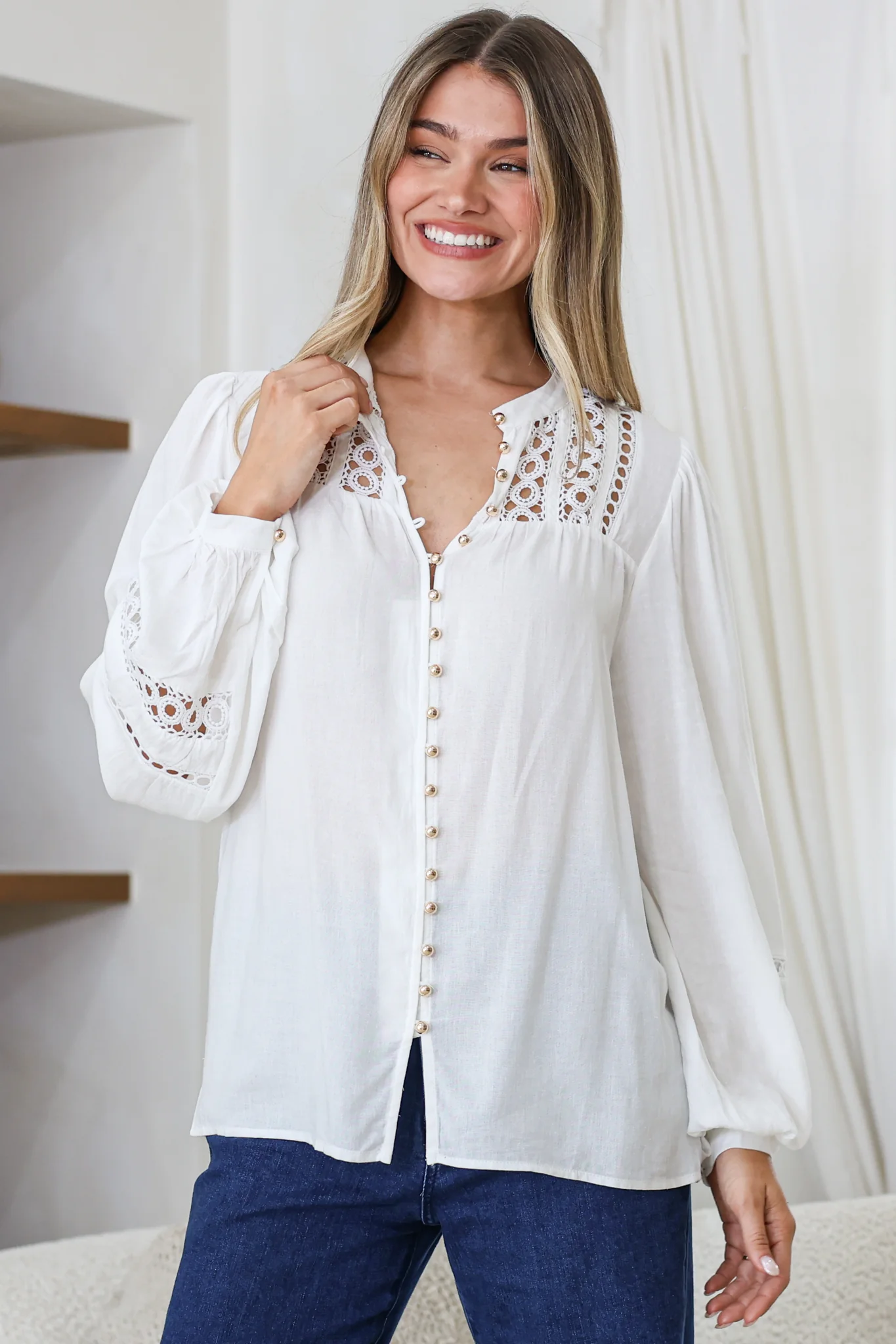 Milano Blouse - Mandarin Collar Button Down with Delicate Lace Cut-Out Detailing in White - Image 2