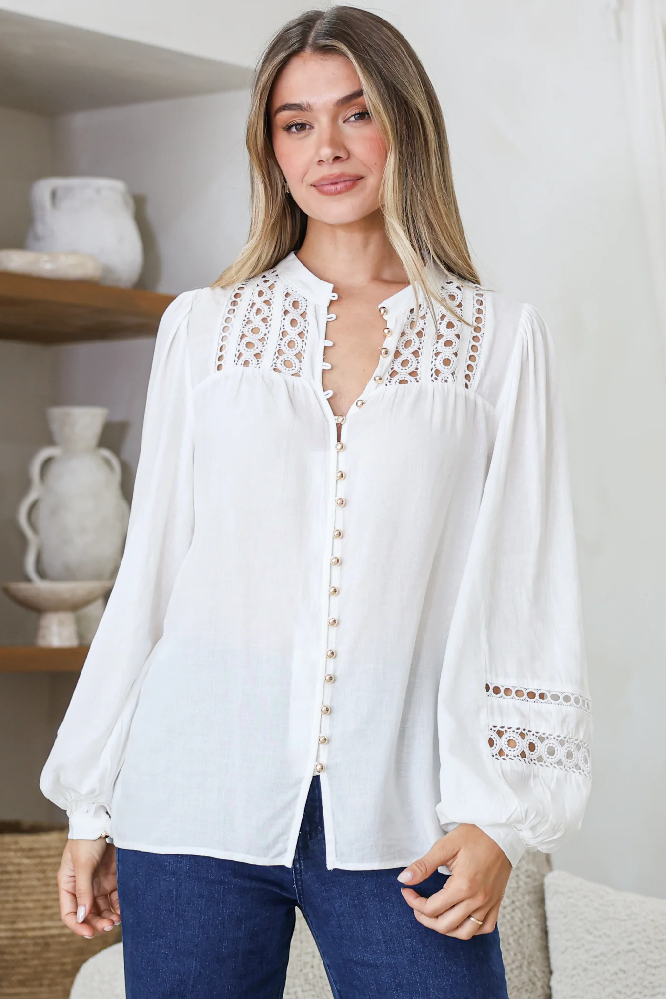 Milano Blouse - Mandarin Collar Button Down with Delicate Lace Cut-Out Detailing in White - Image 6