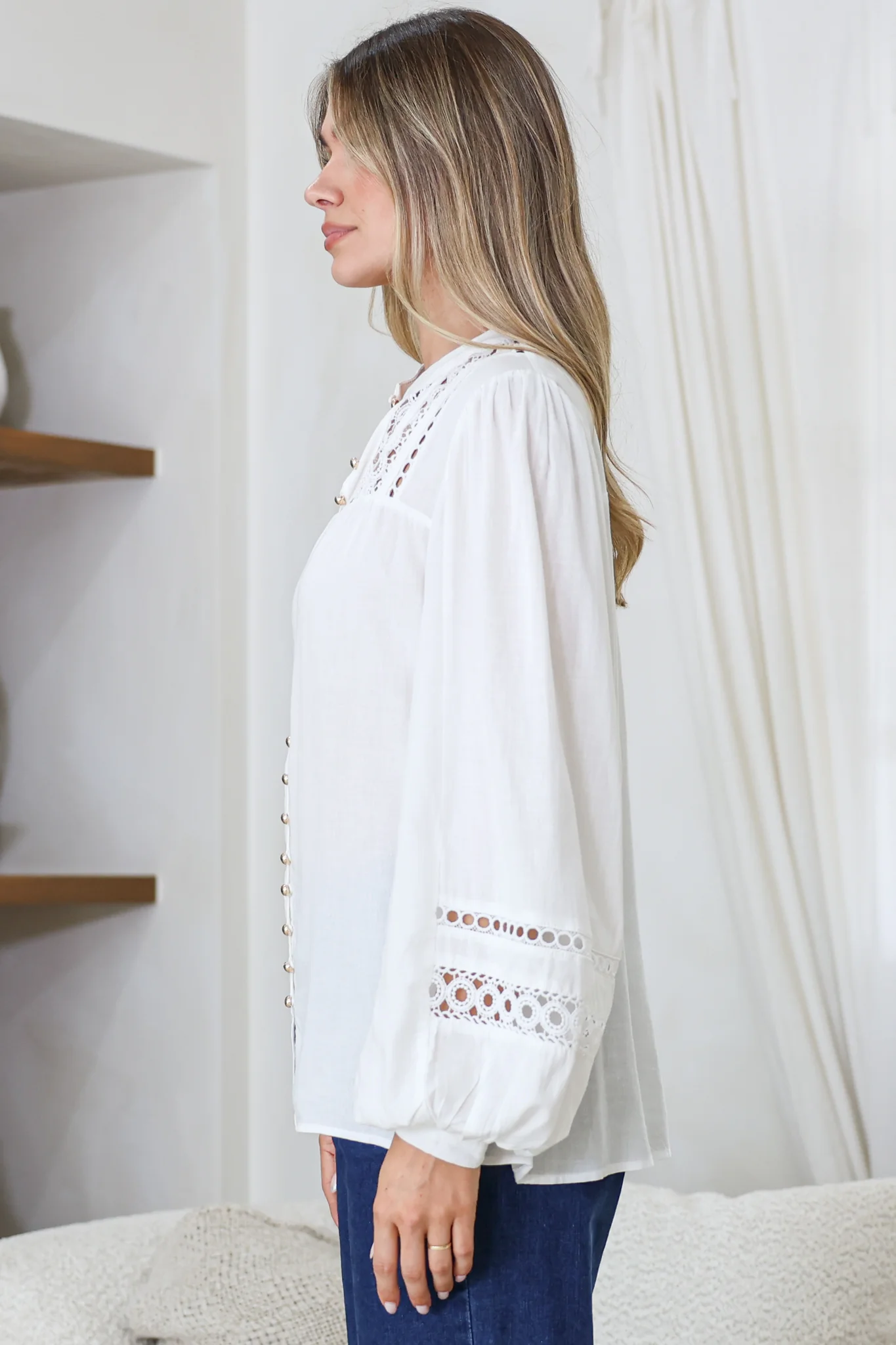 Milano Blouse - Mandarin Collar Button Down with Delicate Lace Cut-Out Detailing in White - Image 7