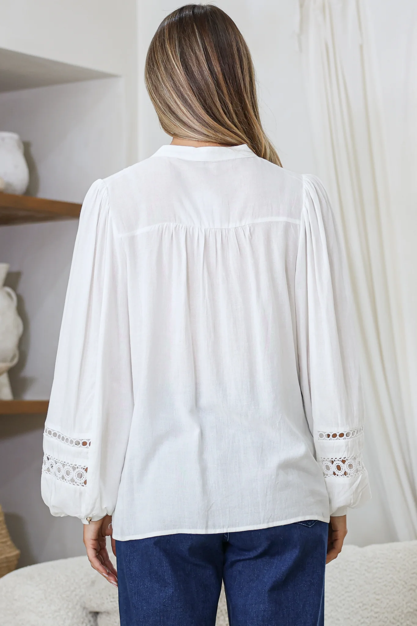 Milano Blouse - Mandarin Collar Button Down with Delicate Lace Cut-Out Detailing in White - Image 8
