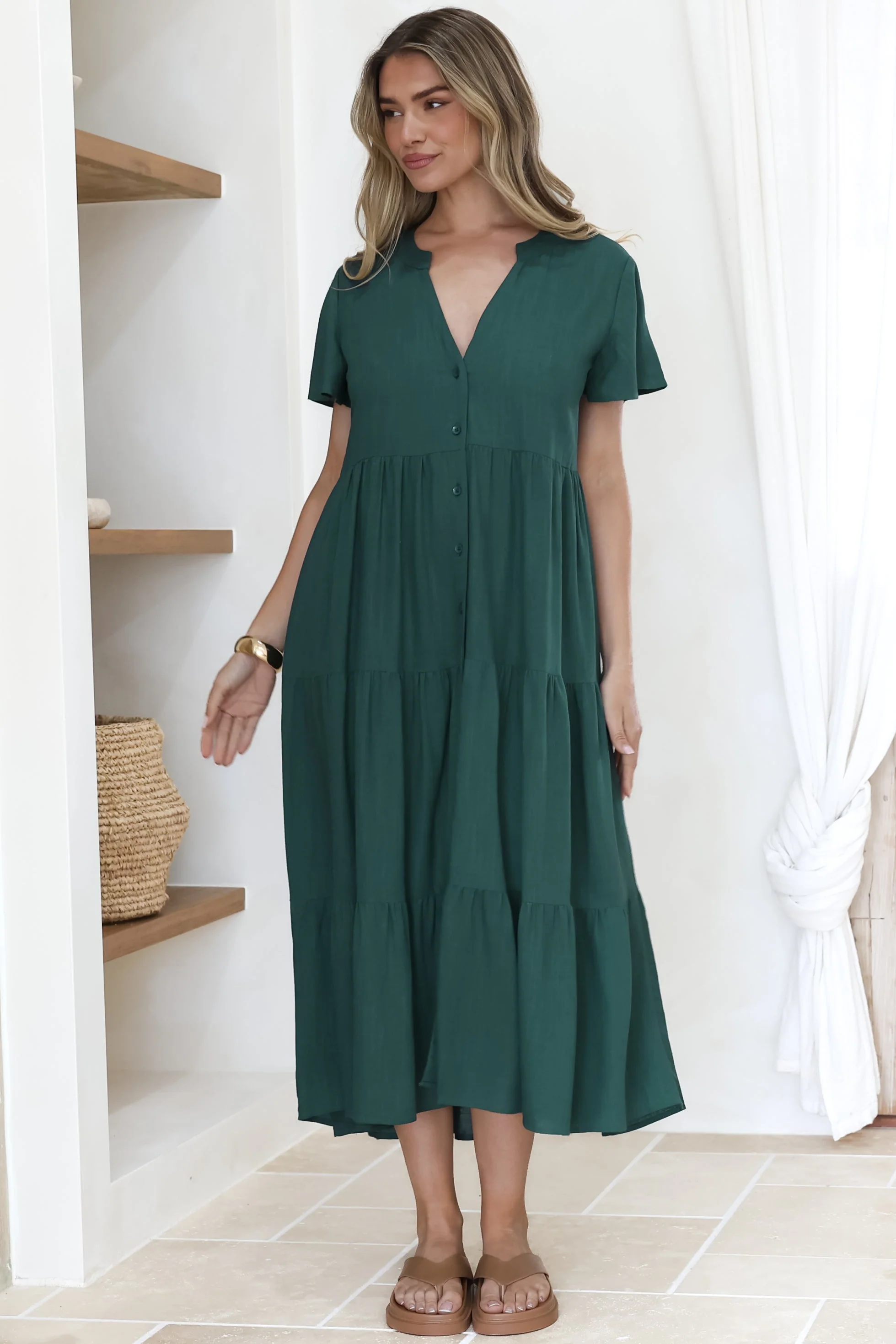 Milla Midi Dress - Tiered Cap Sleeve Button Down Linen Dress in Emerald - Image 2