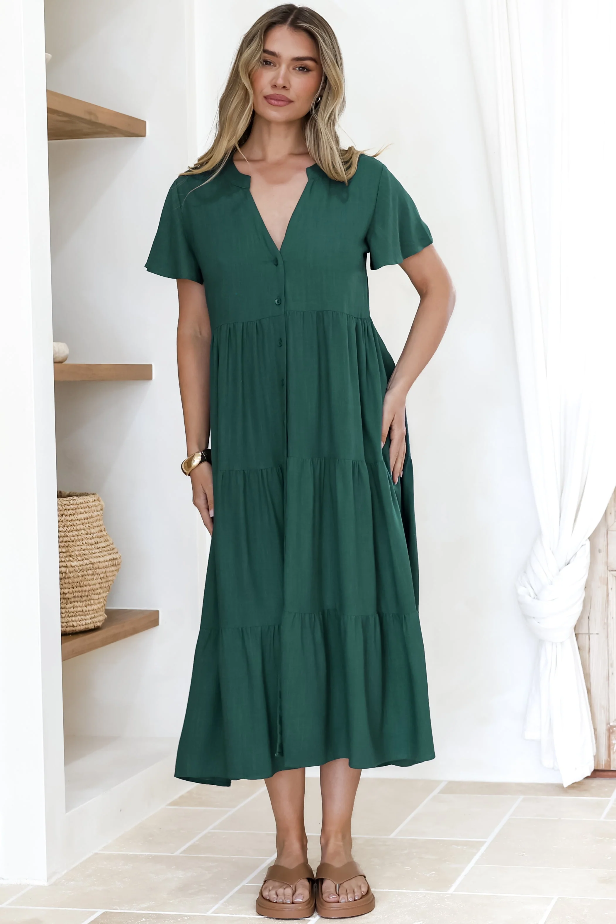 Milla Midi Dress - Tiered Cap Sleeve Button Down Linen Dress in Emerald - Image 3
