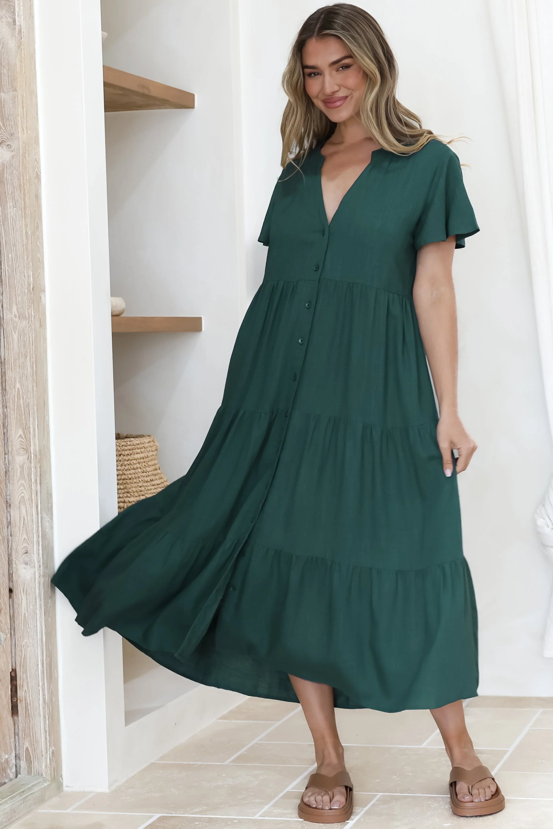 Milla Midi Dress - Tiered Cap Sleeve Button Down Linen Dress in Emerald - Image 4