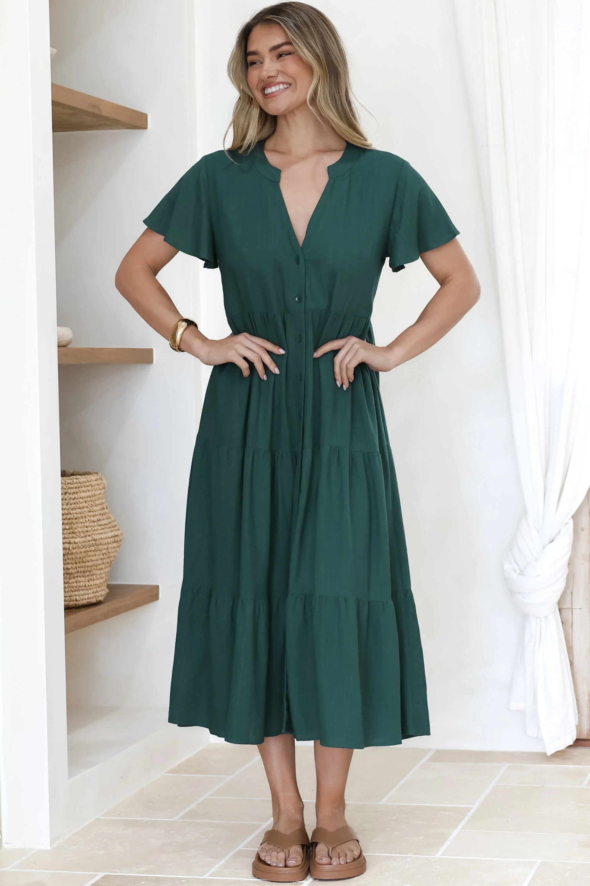 Milla Midi Dress - Tiered Cap Sleeve Button Down Linen Dress in Emerald - Image 6