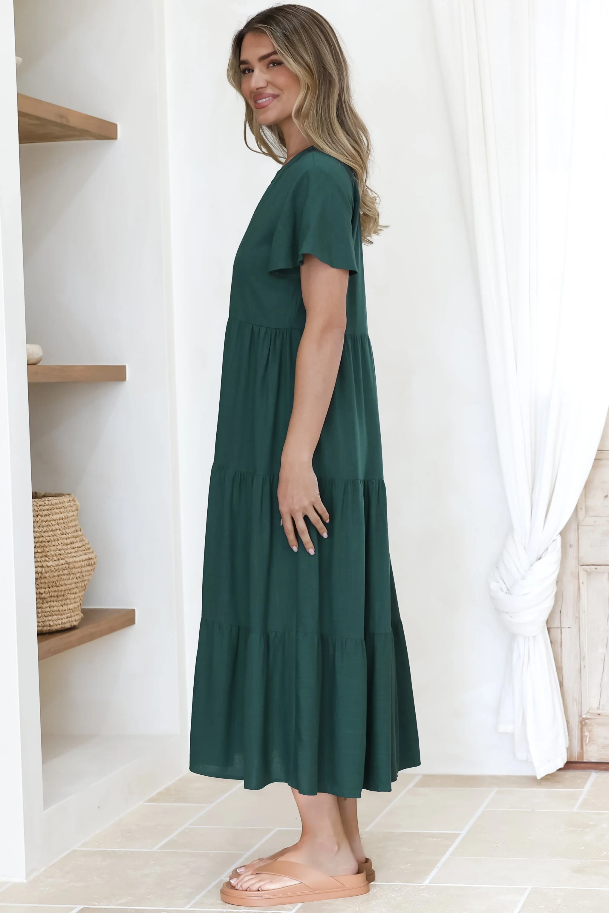 Milla Midi Dress - Tiered Cap Sleeve Button Down Linen Dress in Emerald - Image 7