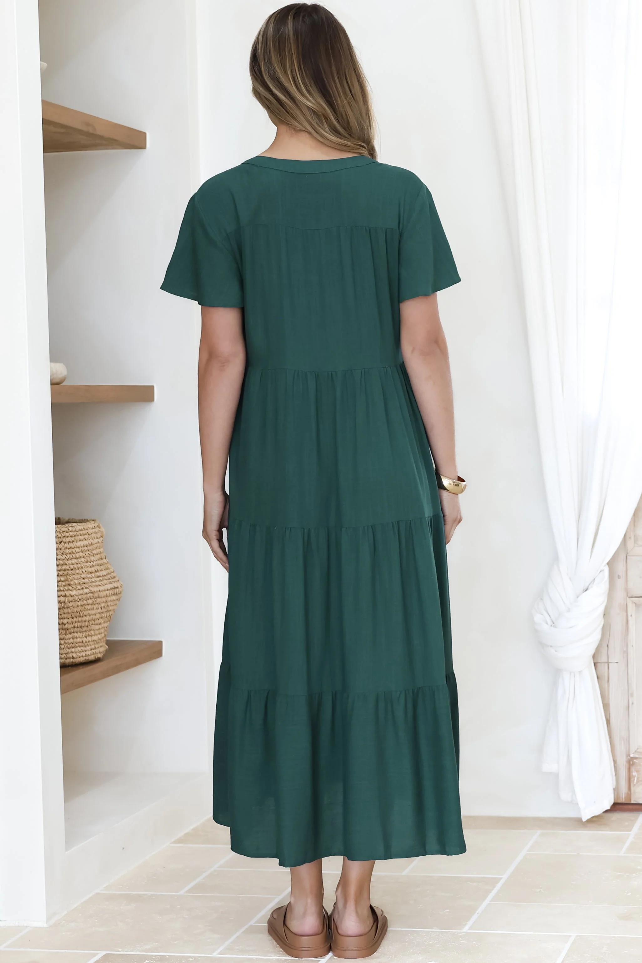 Milla Midi Dress - Tiered Cap Sleeve Button Down Linen Dress in Emerald - Image 8