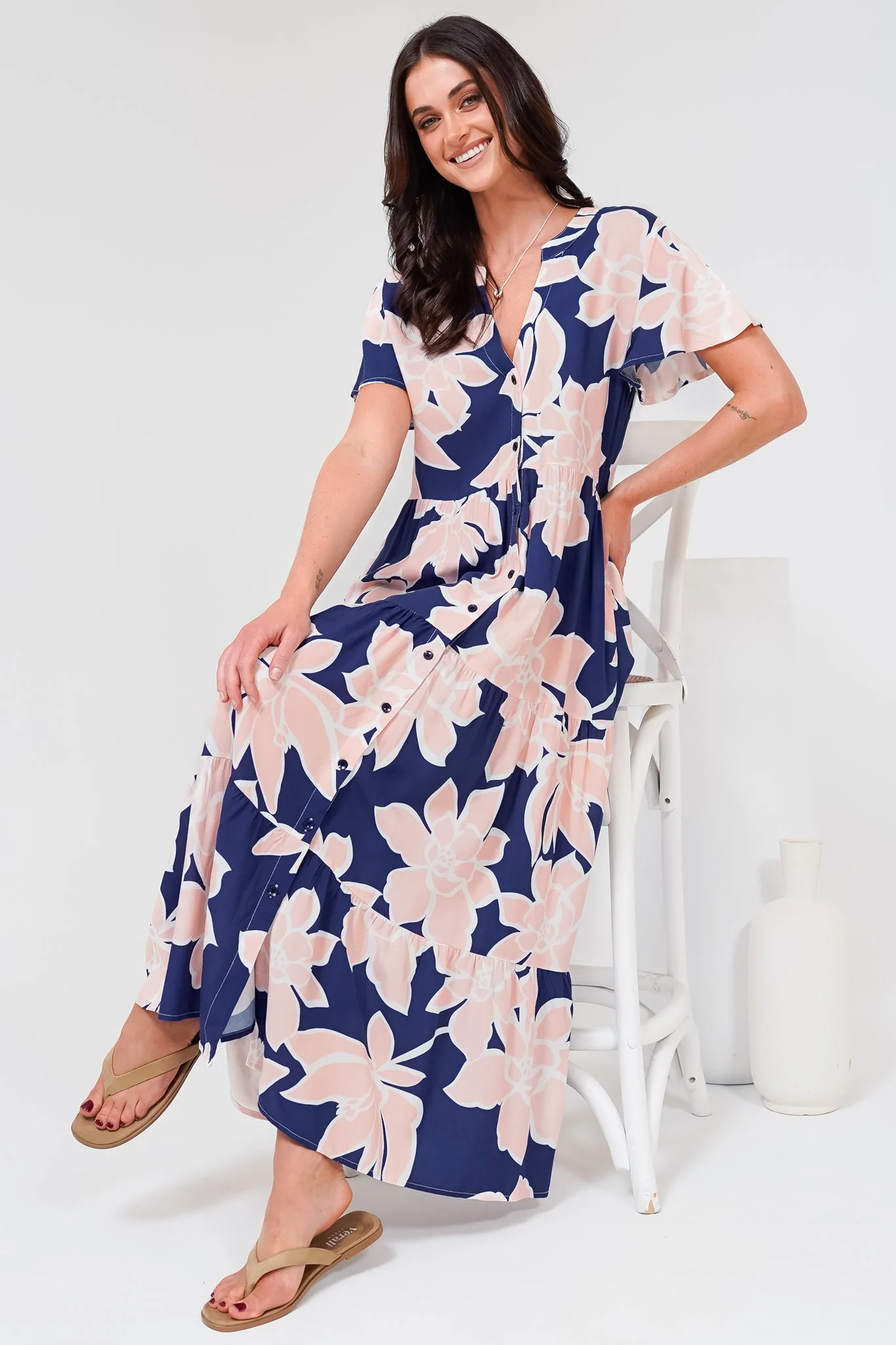 Milla Midi Dress - Tiered Button Down Dress in Jetson Print Navy - Image 2