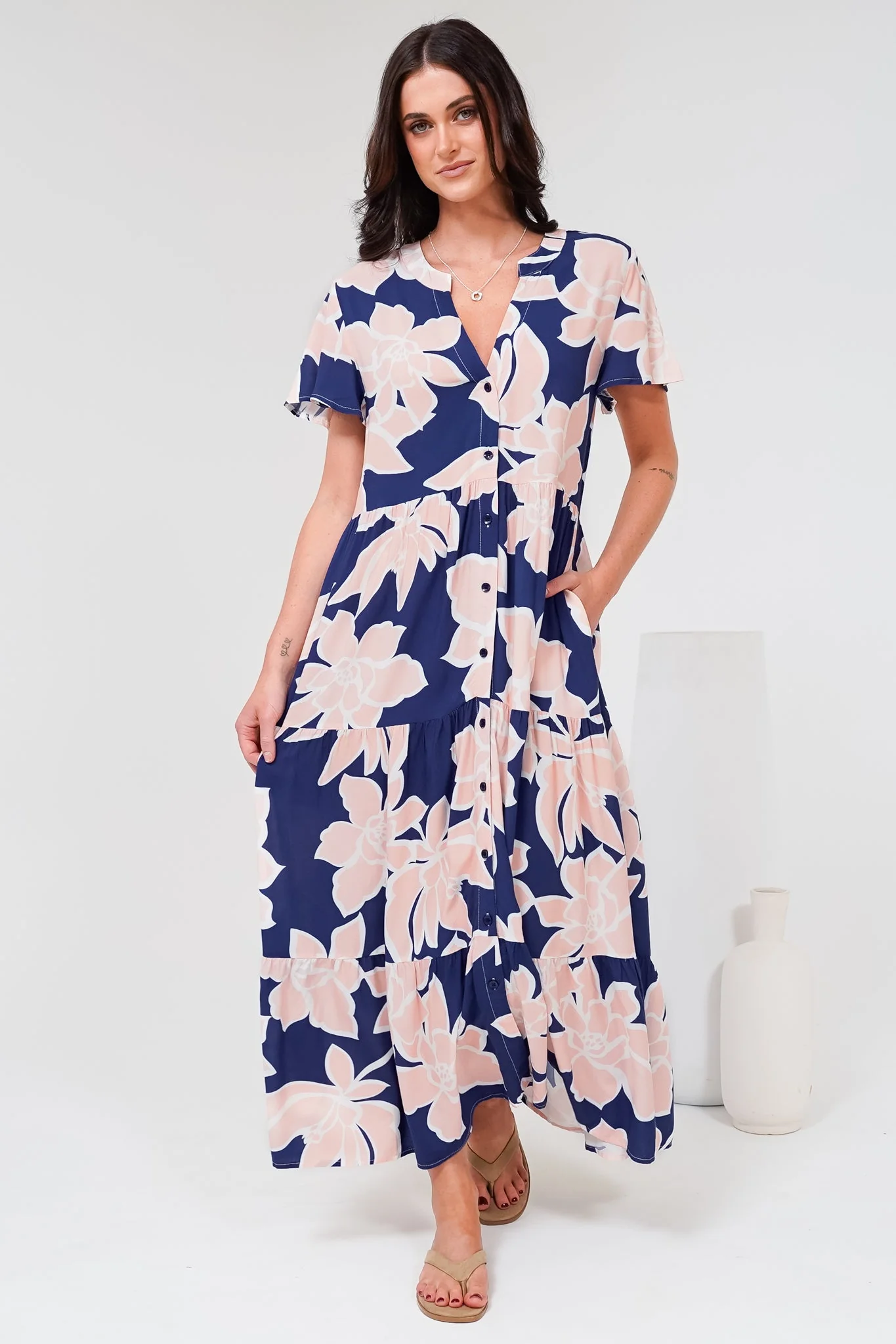 Milla Midi Dress - Tiered Button Down Dress in Jetson Print Navy - Image 3
