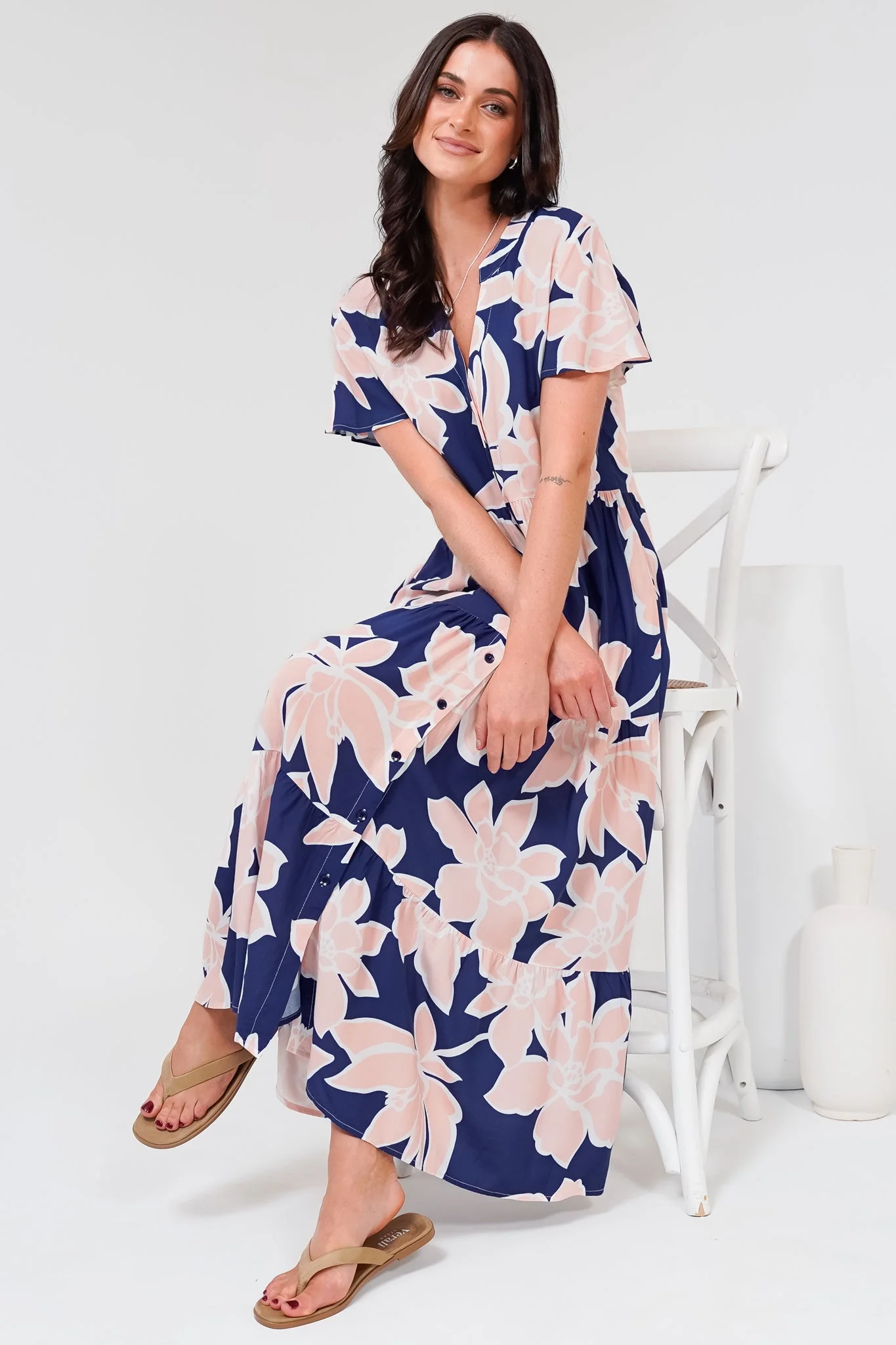 Milla Midi Dress - Tiered Button Down Dress in Jetson Print Navy - Image 4