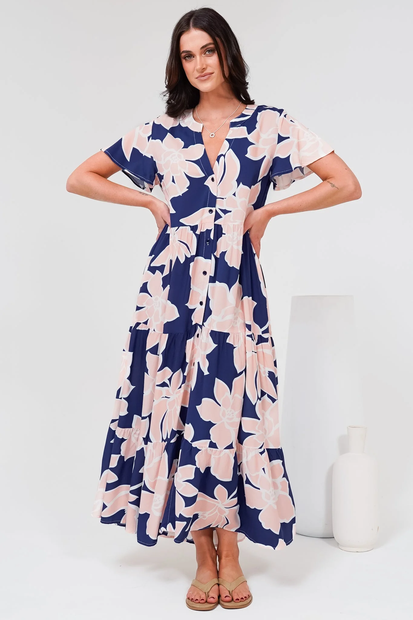 Milla Midi Dress - Tiered Button Down Dress in Jetson Print Navy - Image 5