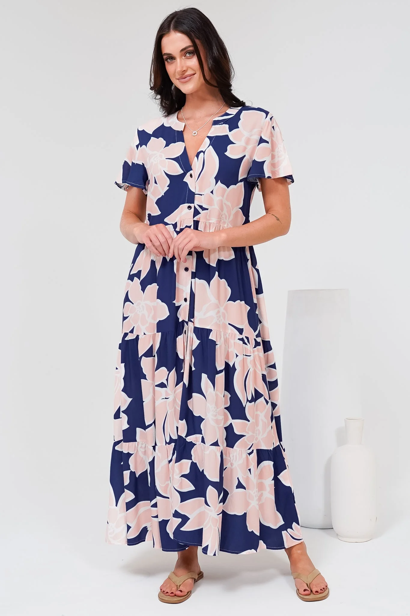 Milla Midi Dress - Tiered Button Down Dress in Jetson Print Navy - Image 6