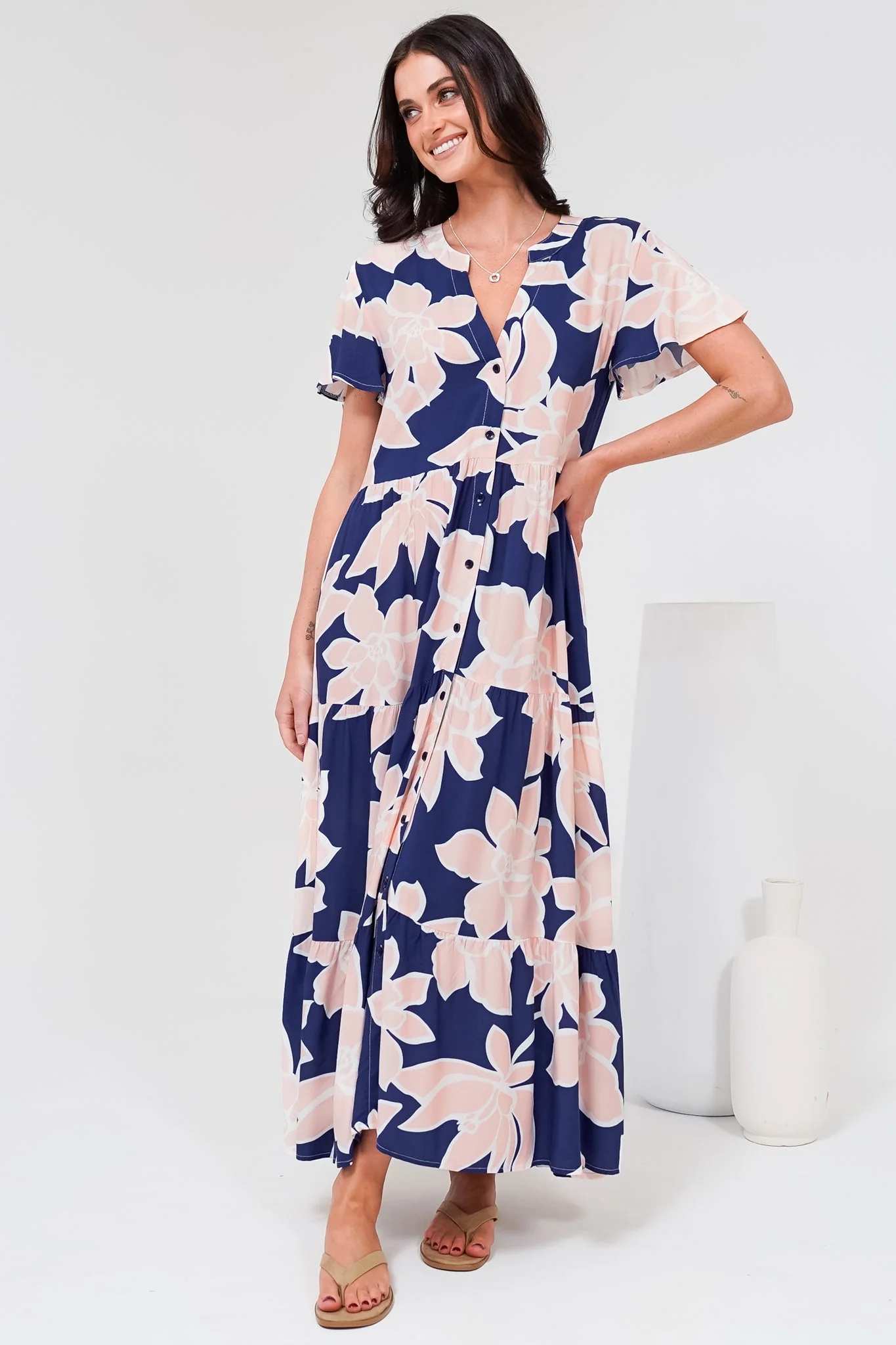 Milla Midi Dress - Tiered Button Down Dress in Jetson Print Navy - Image 7
