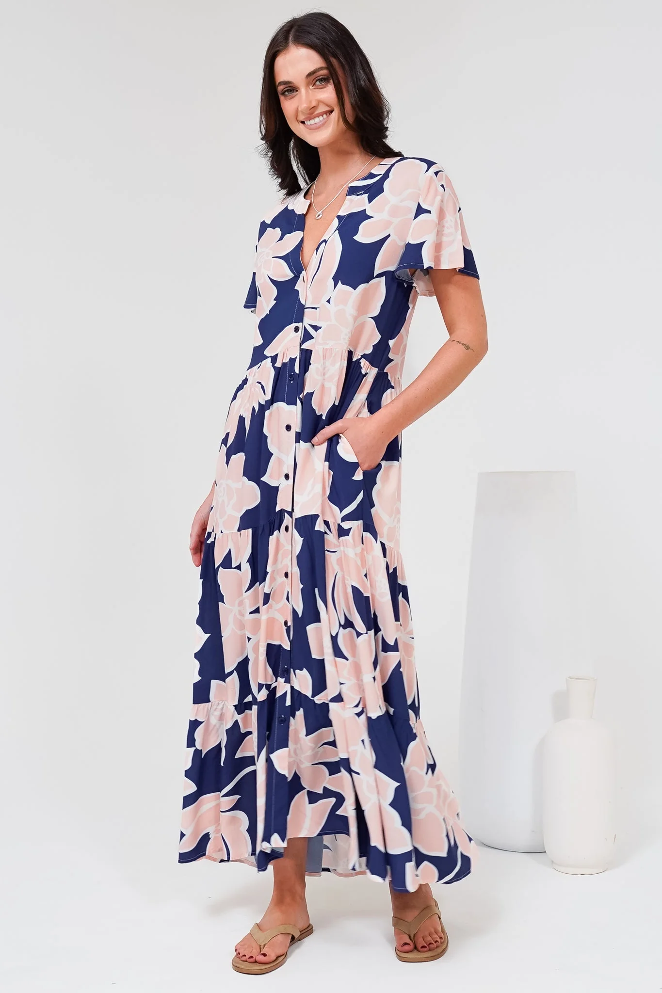 Milla Midi Dress - Tiered Button Down Dress in Jetson Print Navy - Image 8