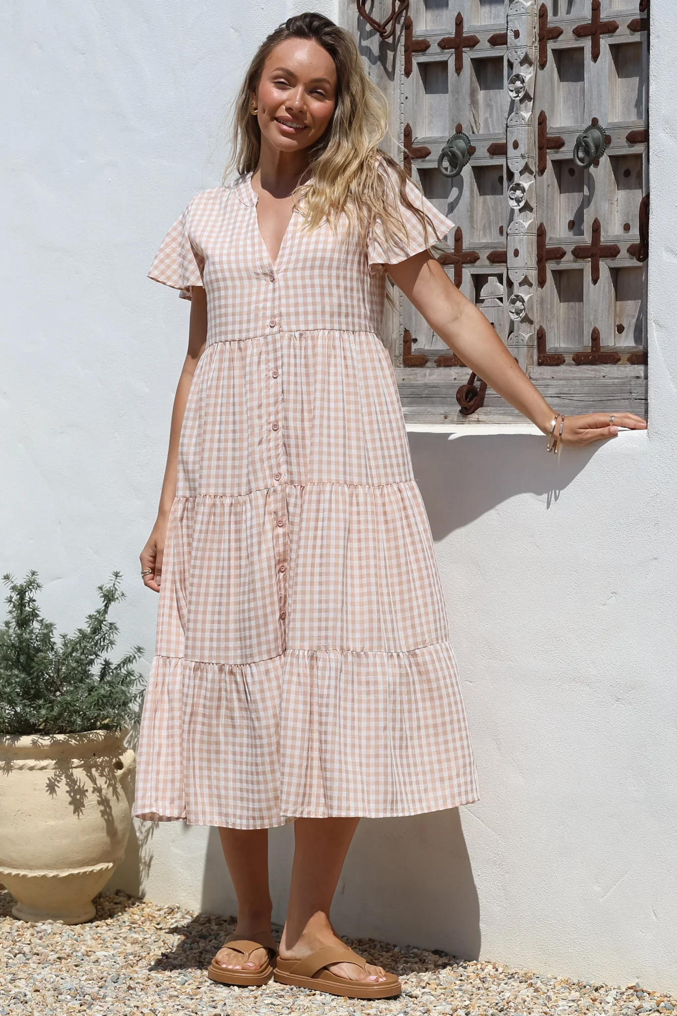 Milla Midi Dress - Tiered Button Down Dress in Gingham Mistee Print Beige