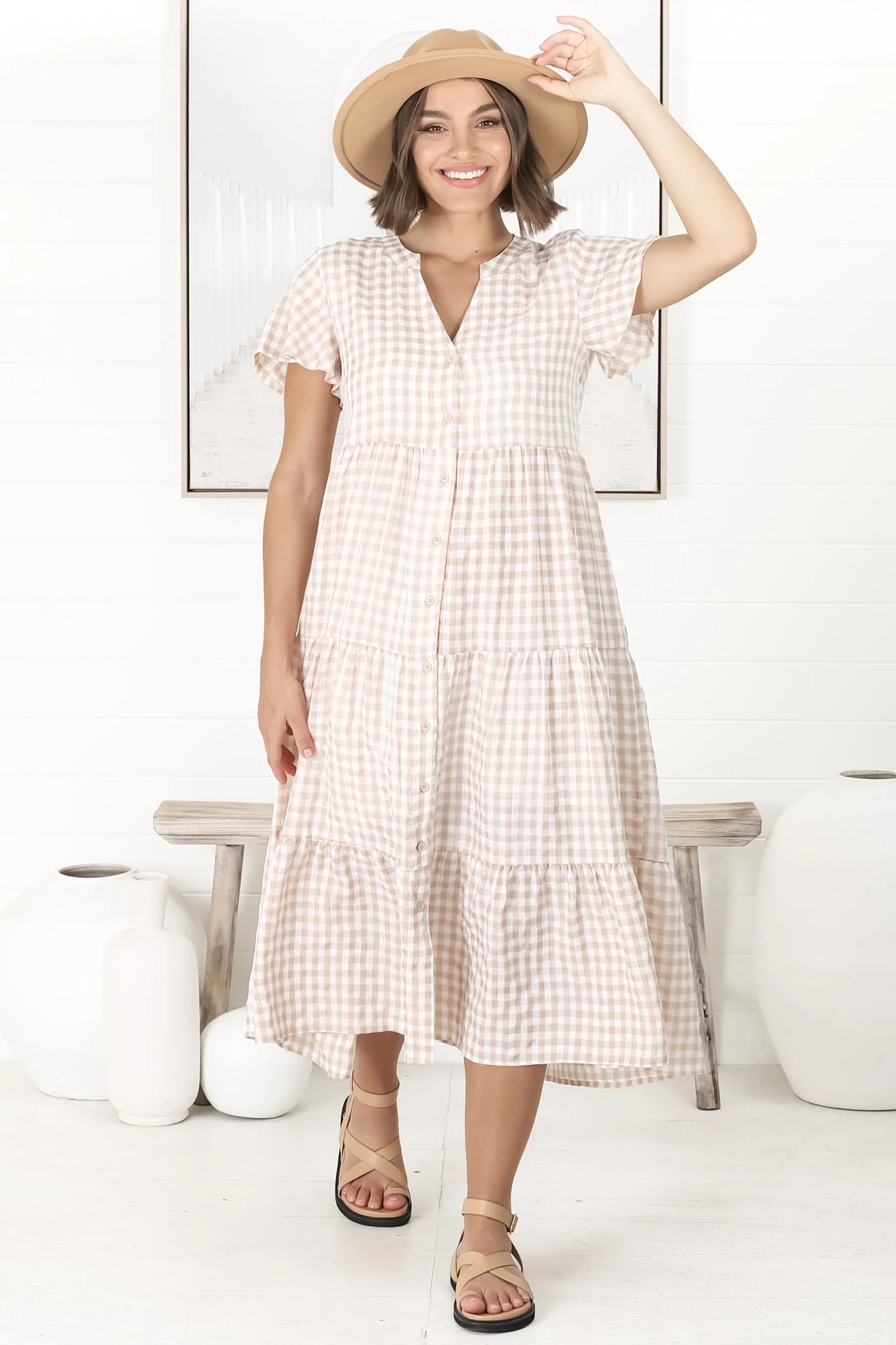 Milla Midi Dress - Tiered Button Down Dress in Gingham Mistee Print Beige - Image 10